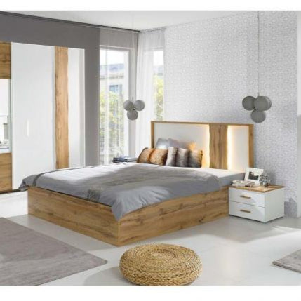 MO Wood 81 Bed with Storage – White & Wotan Oak