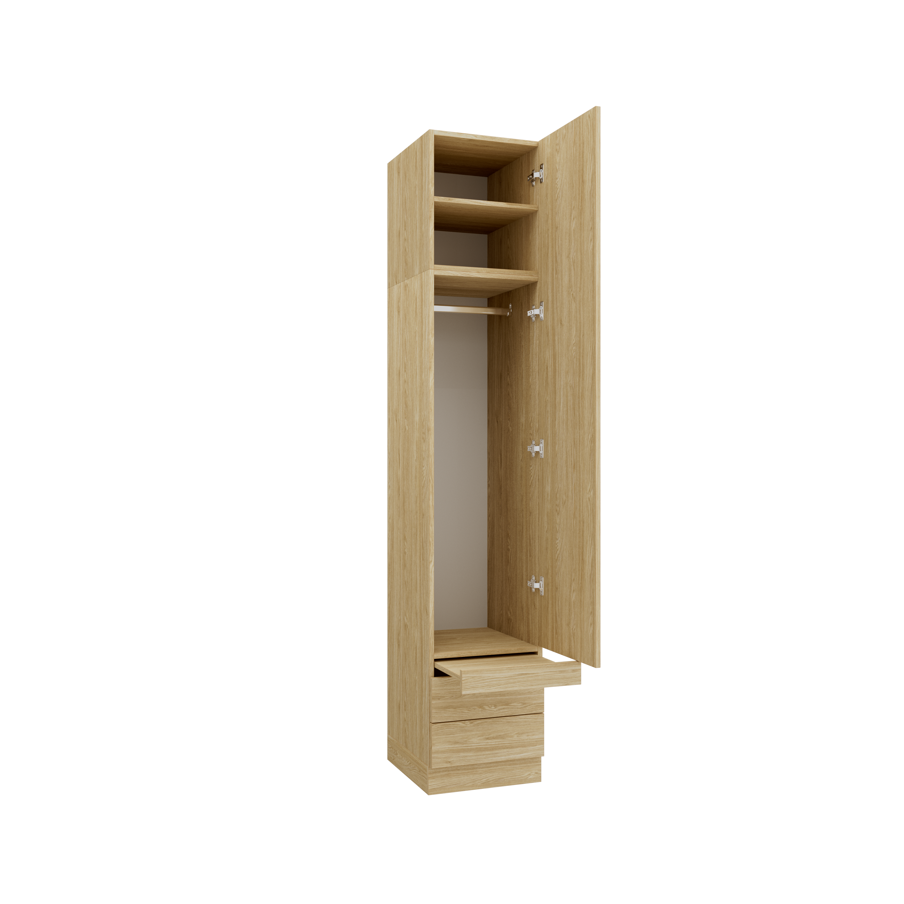 SLEEP VARIA 1D Wardrobe 45 cm with Shelves, Hanging Rail, Drawers & Pull-Out Table – Oiled Oak / Oiled Oak