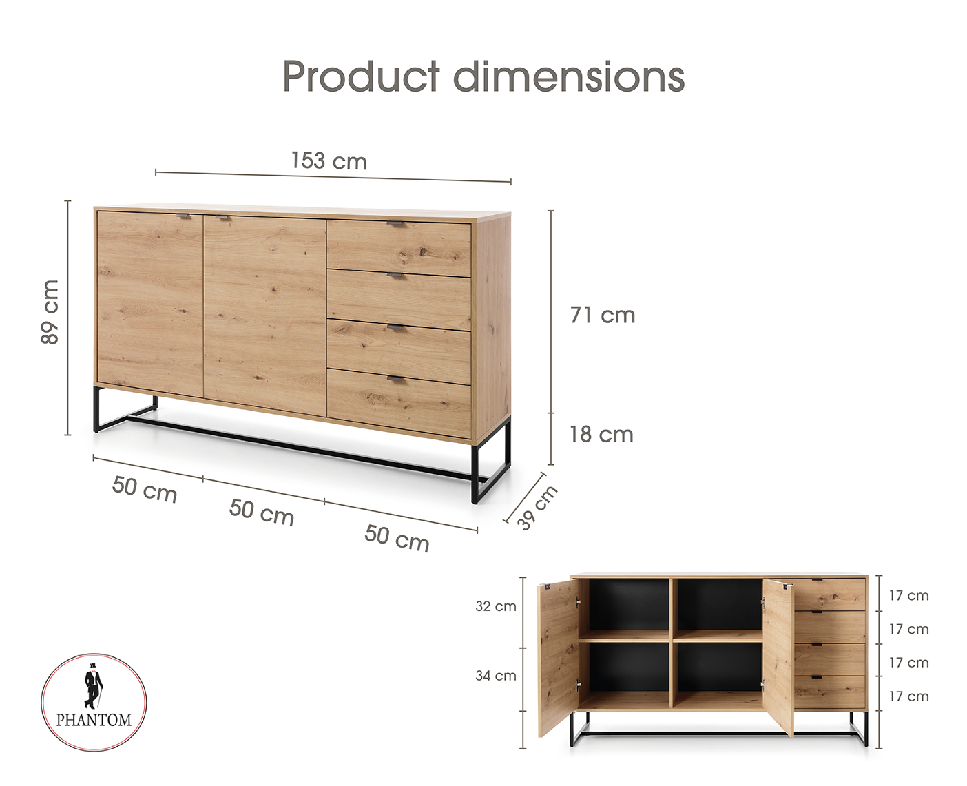 Amber Dresser 153 - Chest of Drawers with Two Doors and Three Drawers