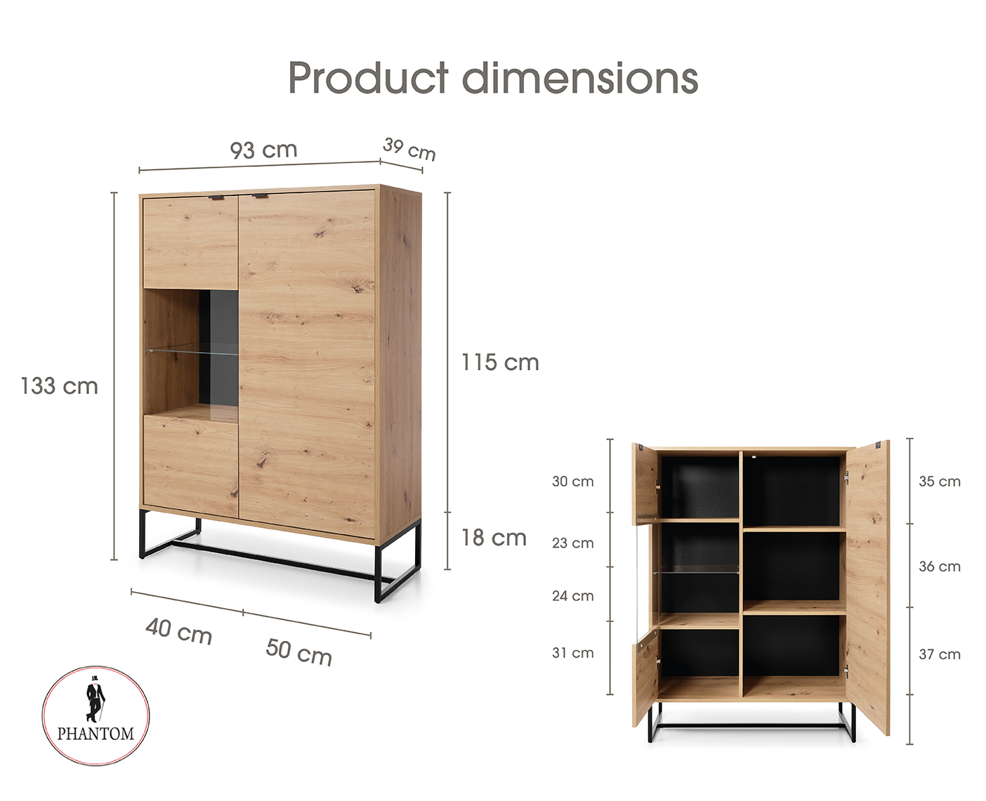 Amber Cabinet 93 - Storage Cabinet with Two Doors and Glass Cabinet Display