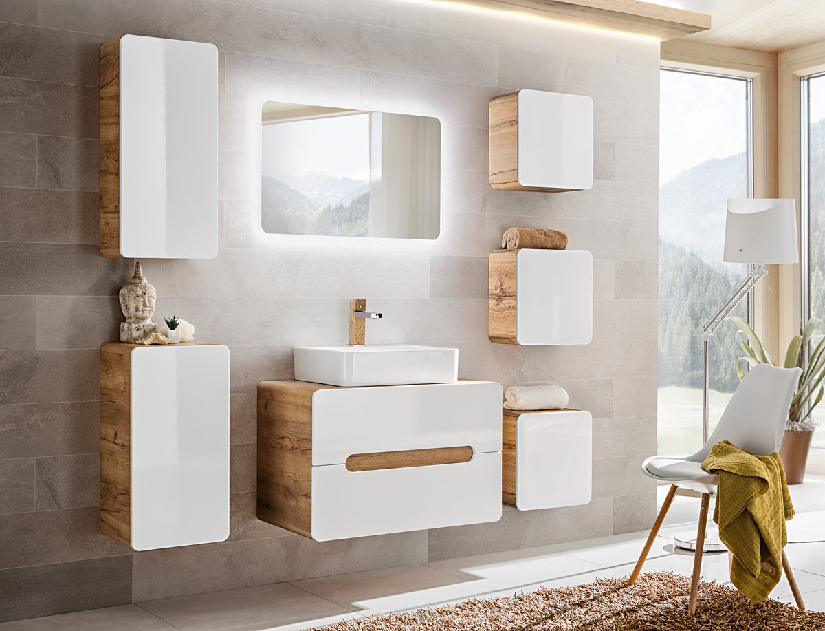 Aruba White 810 FSC – Side Cabinet 1 Door, White Gloss / Craft Oak, 35x68x32 cm