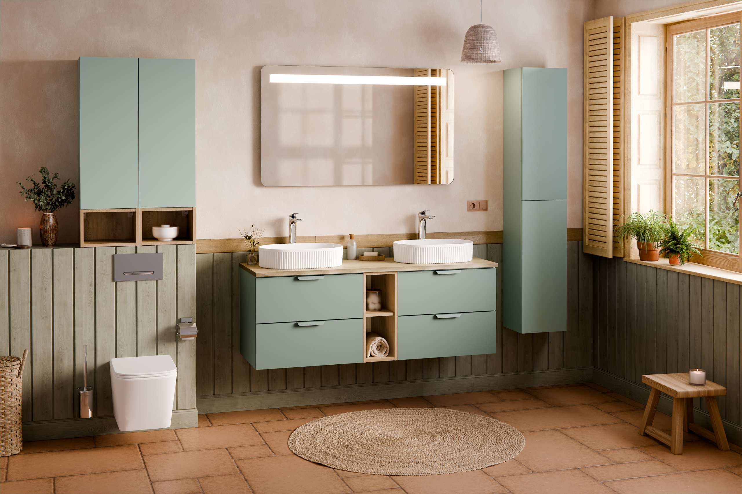 Aster Green Bathroom Vanity Unit Set – 120 cm, Aloes Matt & Cremona Oak – Configure Your Bathrom