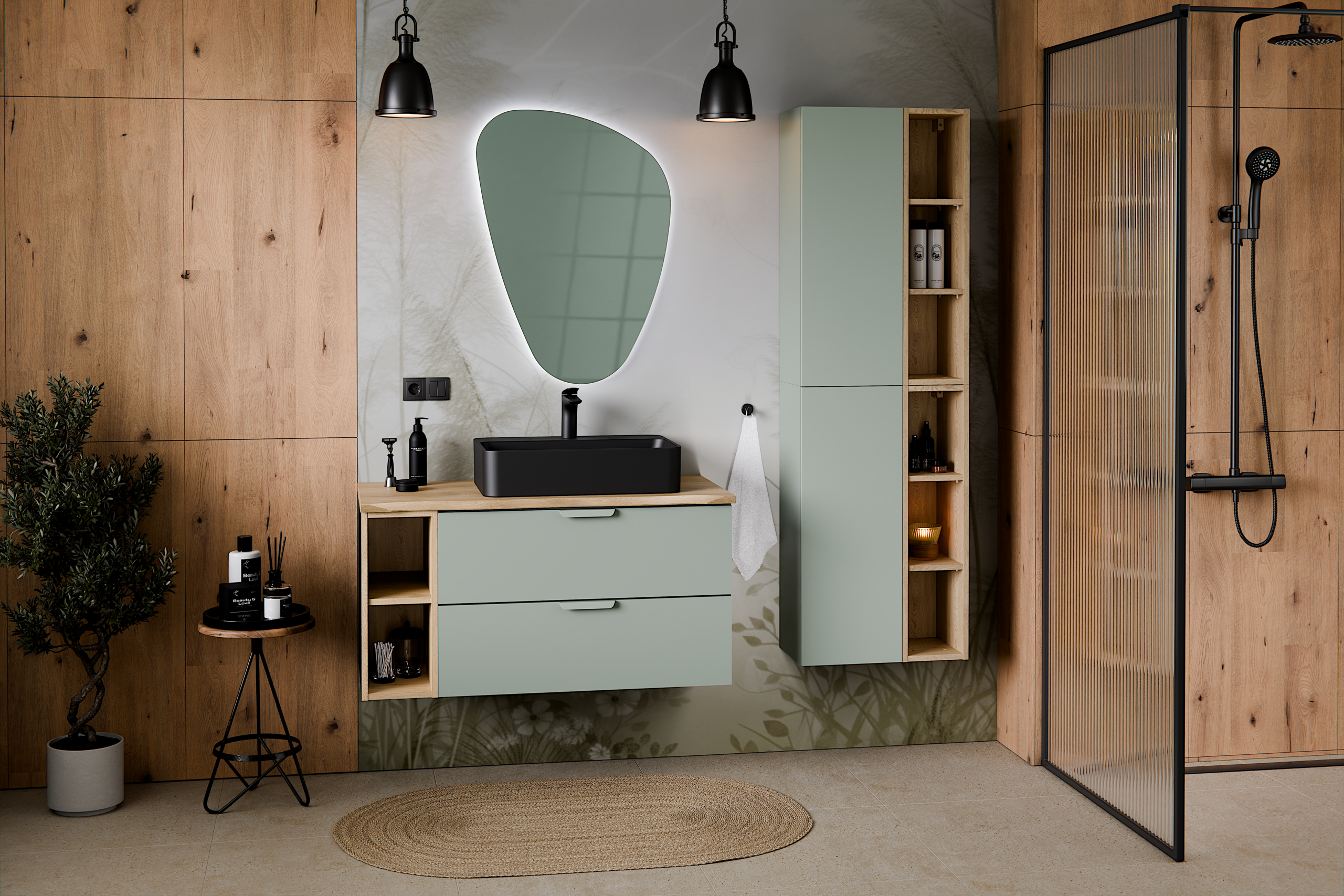Aster Green Bathroom Vanity Unit Set – 120 cm, Aloes Matt & Cremona Oak – Configure Your Bathrom
