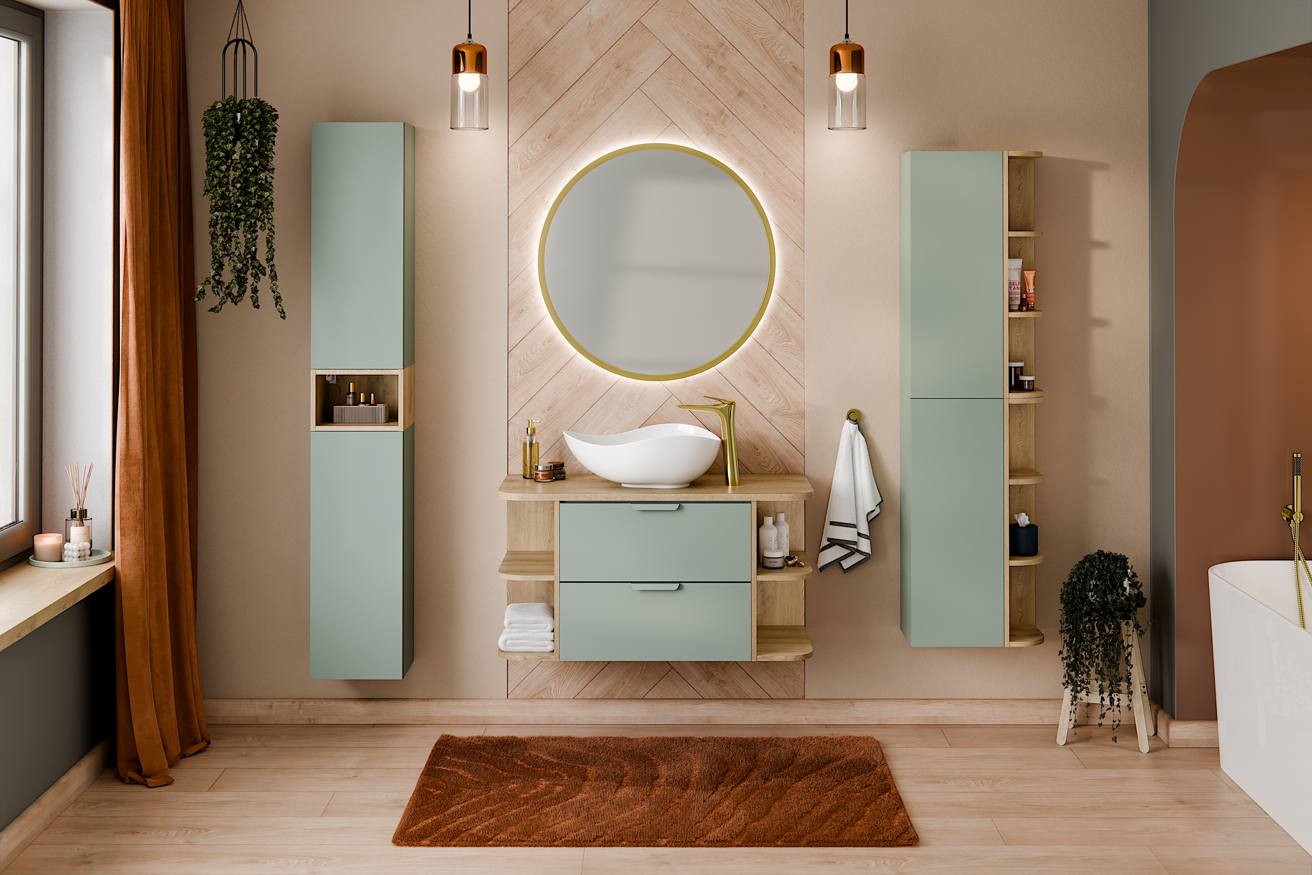 Aster Green Bathroom Vanity Unit Set – 100 cm, Aloes Matt & Cremona Oak – Configure Your Bathroom