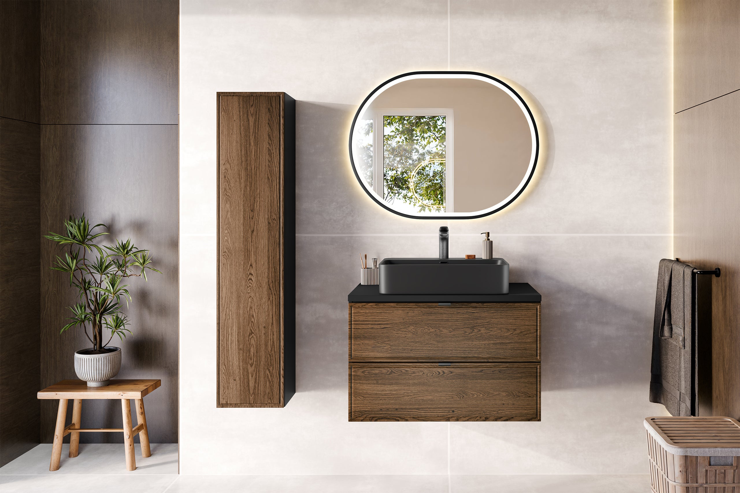 Talia Casella Tall Cabinet – Matt Black, Casella Oak, 30x25.5x140 cm
