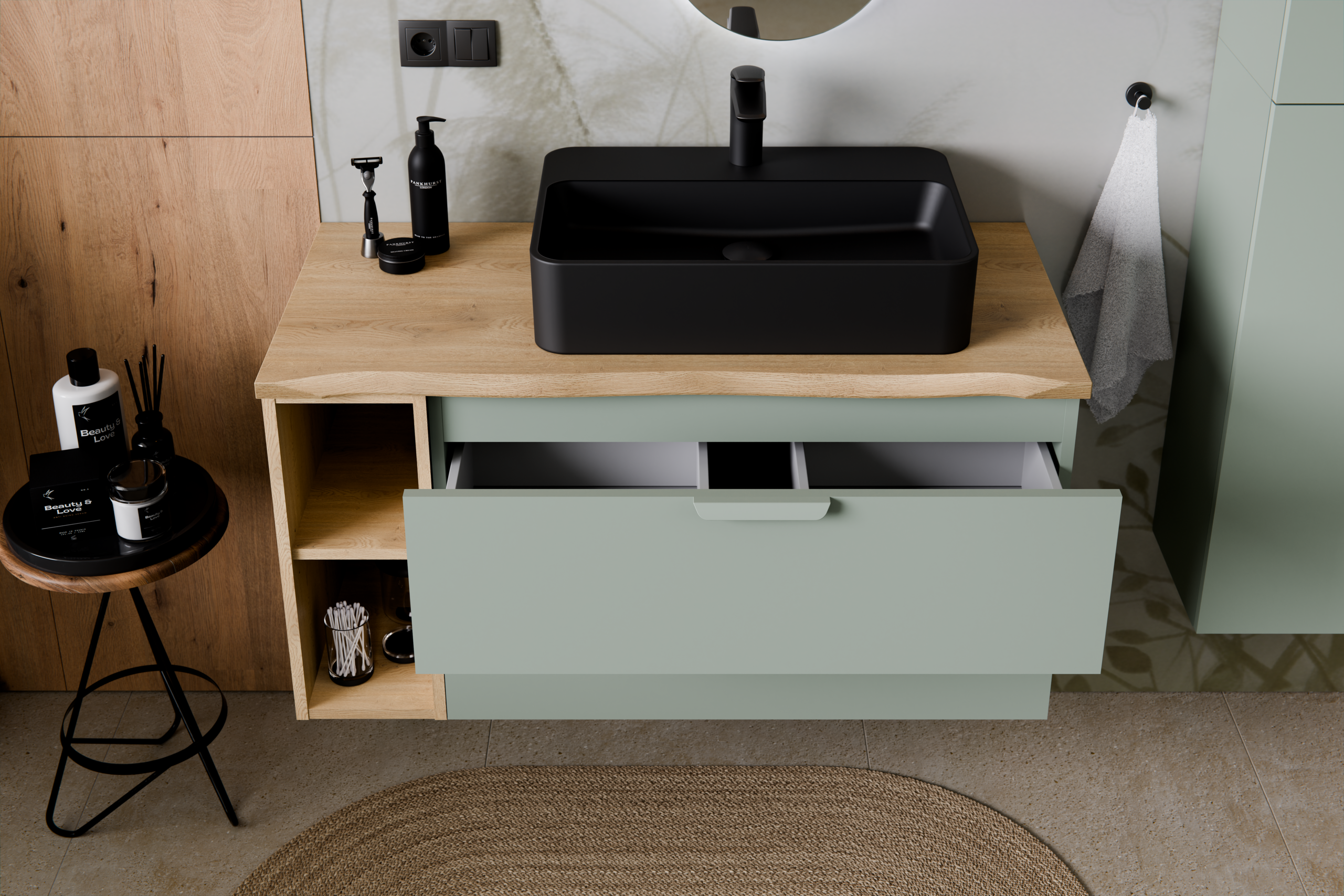 Aster Green Bathroom Vanity Unit Set – 120 cm, Aloes Matt & Cremona Oak – Configure Your Bathrom