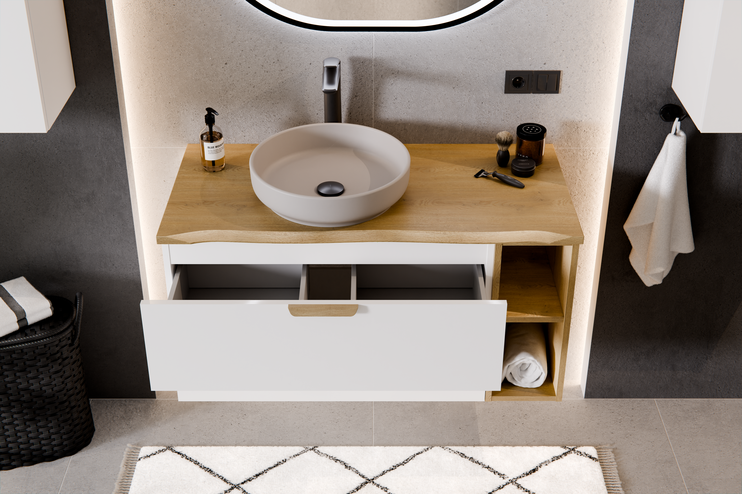 Aster White Bathroom Vanity Unit Set – 120 cm, White Matt & Cremona Oak – Configure Your Bathrom