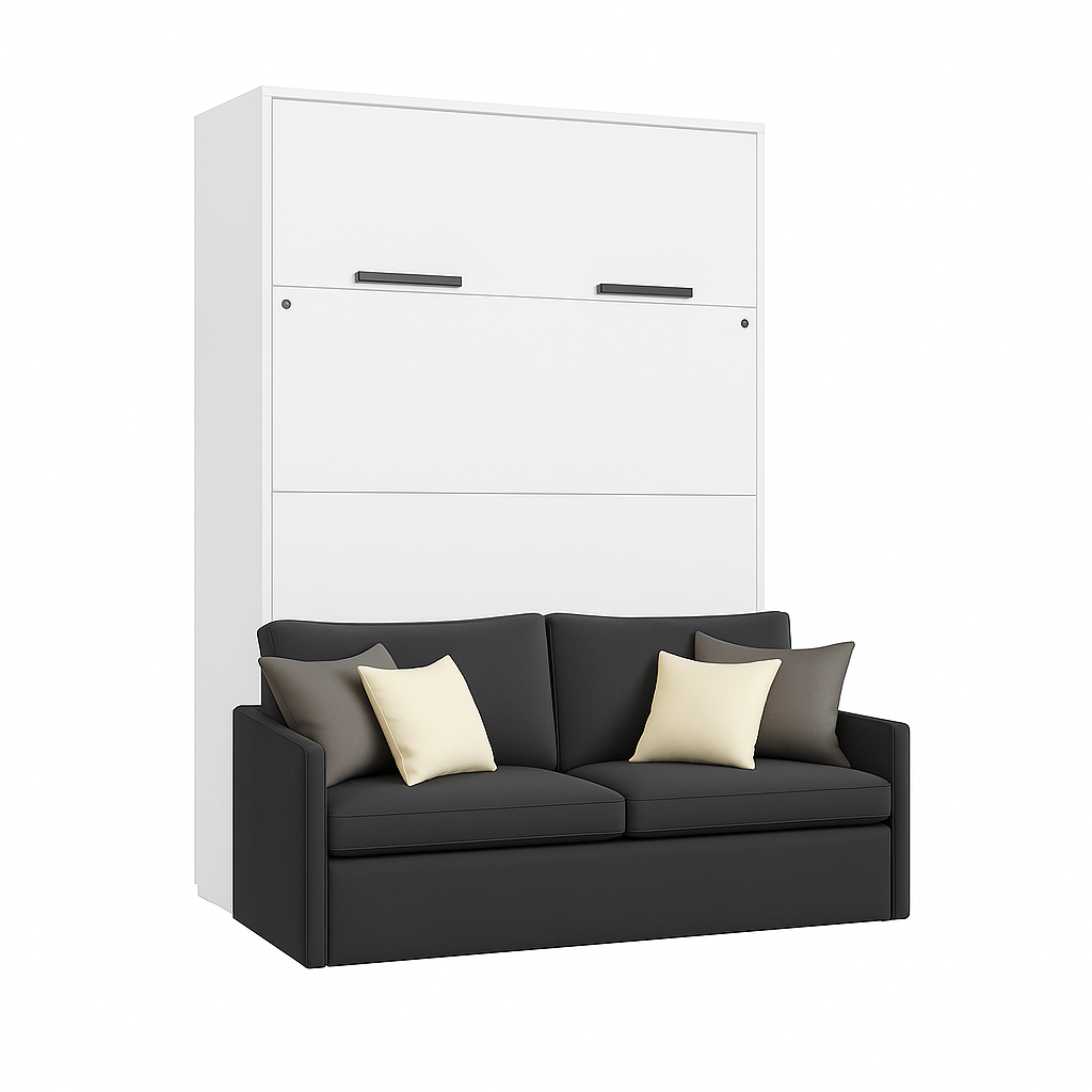 Genius Murphy Bed White Matt 160 x 200 cm with Sofa ECO-LEATHER, Led Lighting