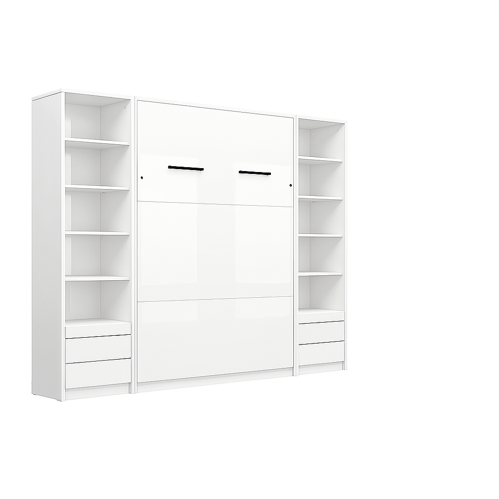 Customizable Genius Murphy Bed Furniture Set 120 x 200 cm White Gloss, LED Lighting