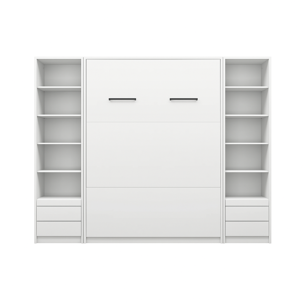 Customizable Genius Murphy Bed Furniture Set 120 x 200 cm White Matt, LED Lighting