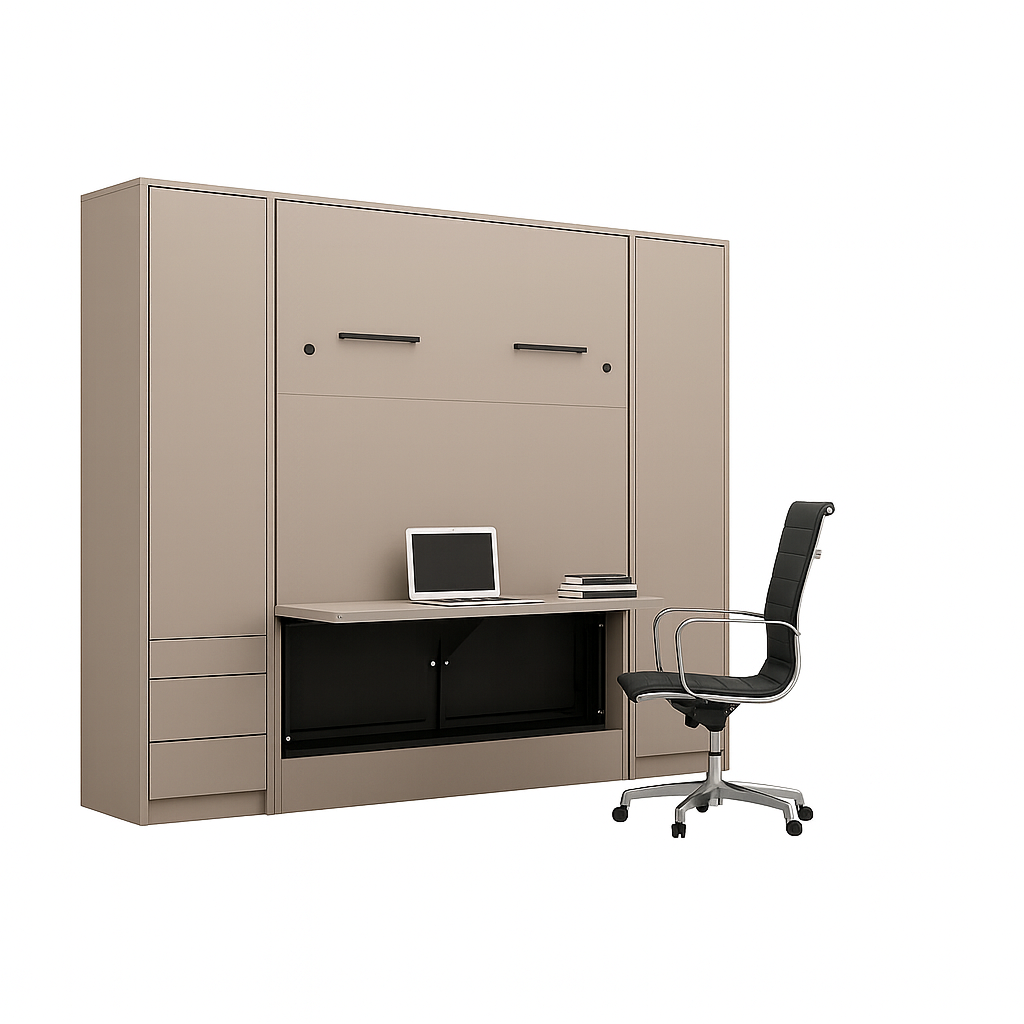 Genius Vertical Murphy Bed with Desk & Wardrobes – with 140x200 cm Mattress, LED Lighting