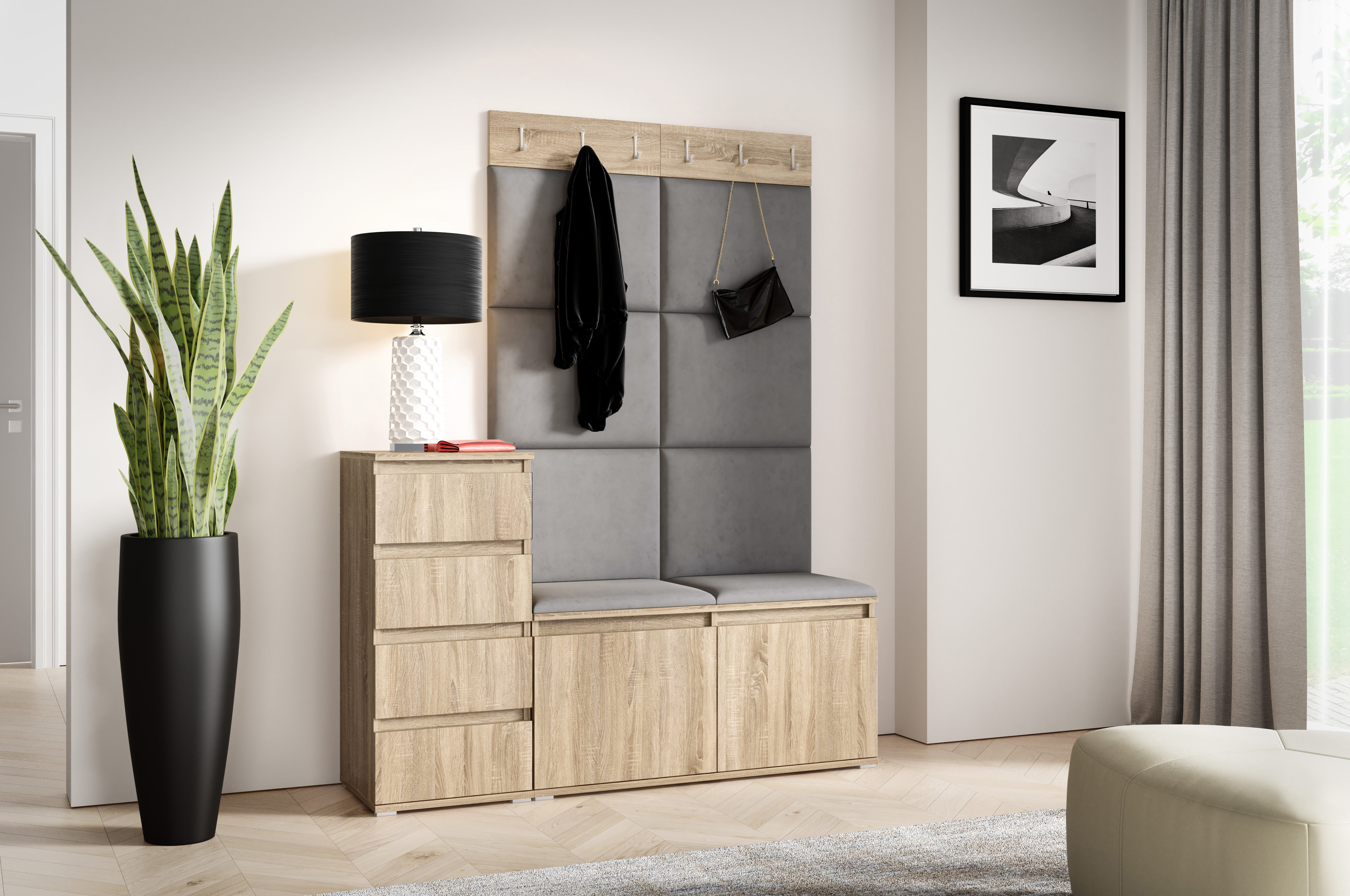 PK Emi 34 Hallway Wardrobe Sonoma Oak- Upholstered Panels in Various Colours