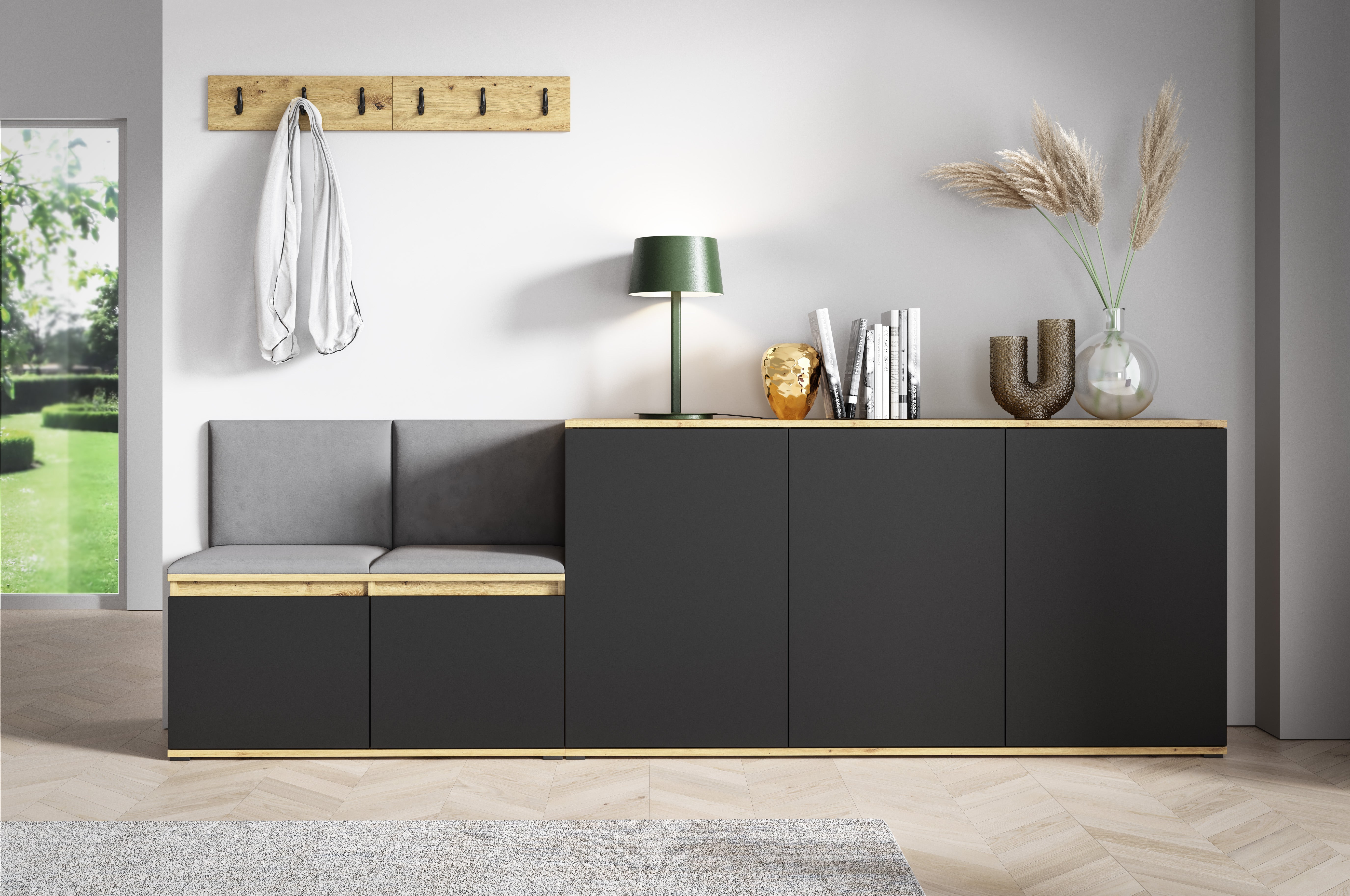 PK Emi 35 Hallway Wardrobe Aristan Oak\Black- Upholstered Panels in Various Colours