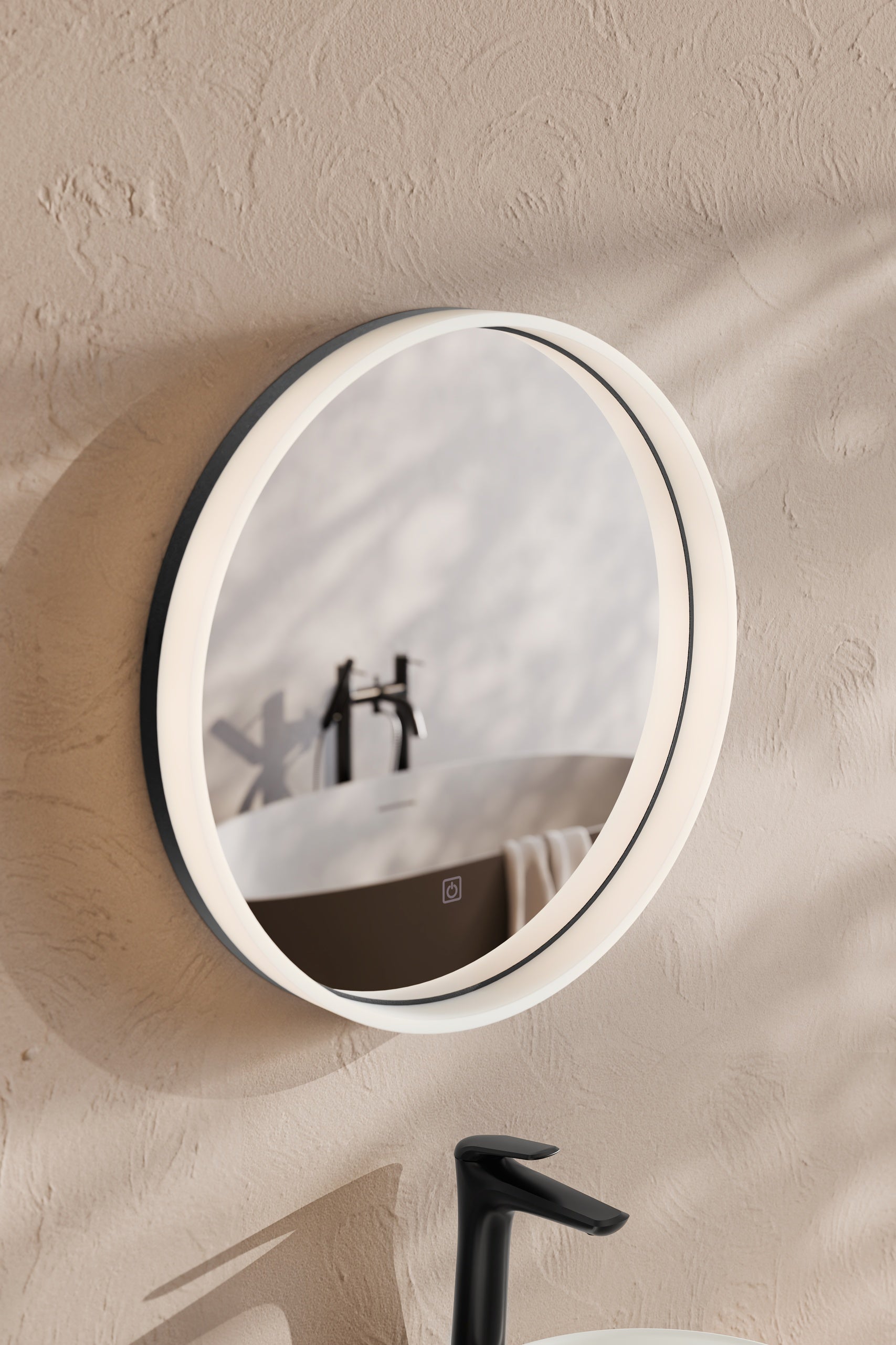 Orion LU LED 60 – Round LED Bathroom Mirror with Black Frame & Acrylic Light Ring, 60 cm