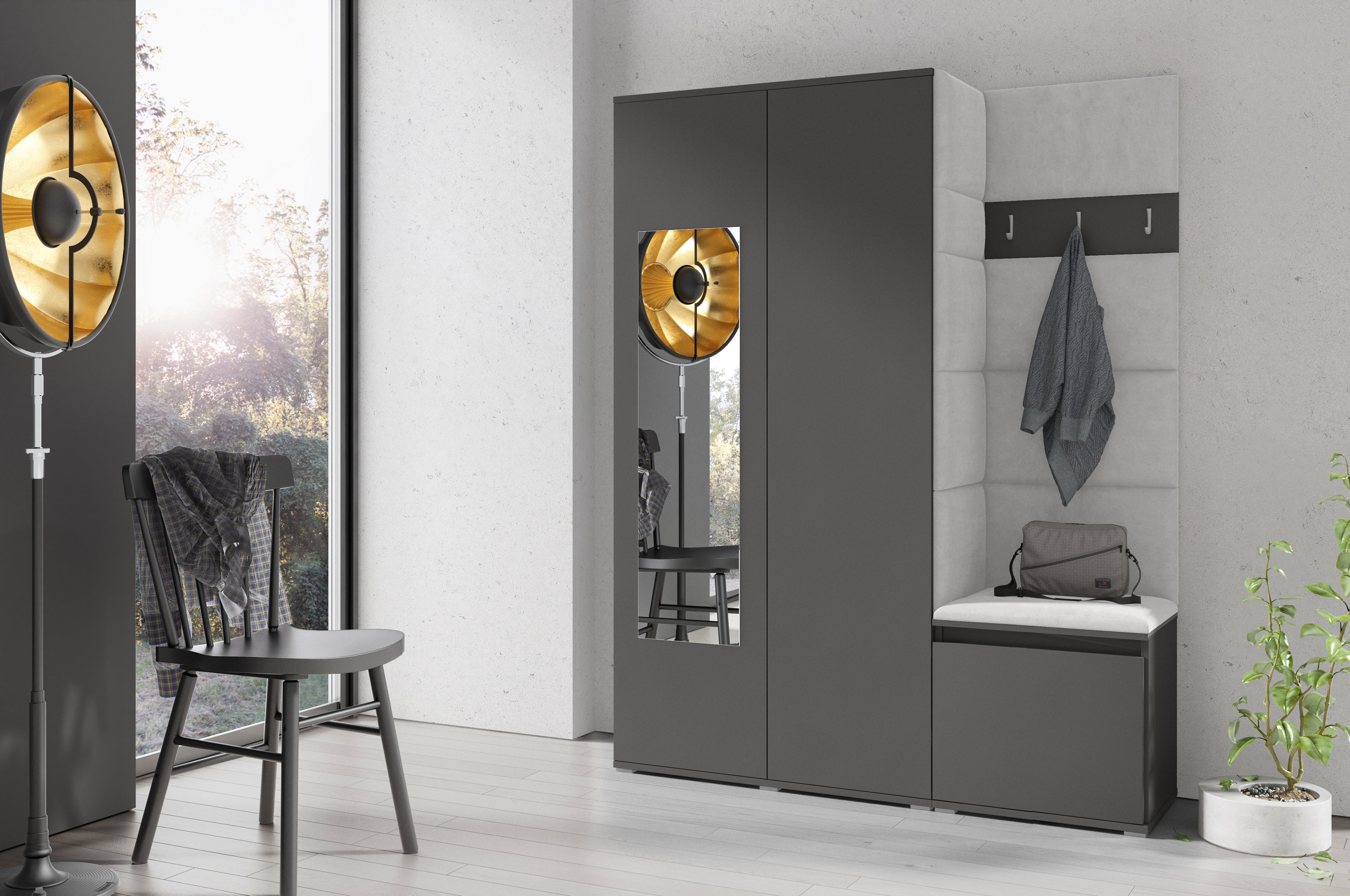 PK Emi 11 Hallway Wardrobe Graphite - Upholstered Panels in Various Colours