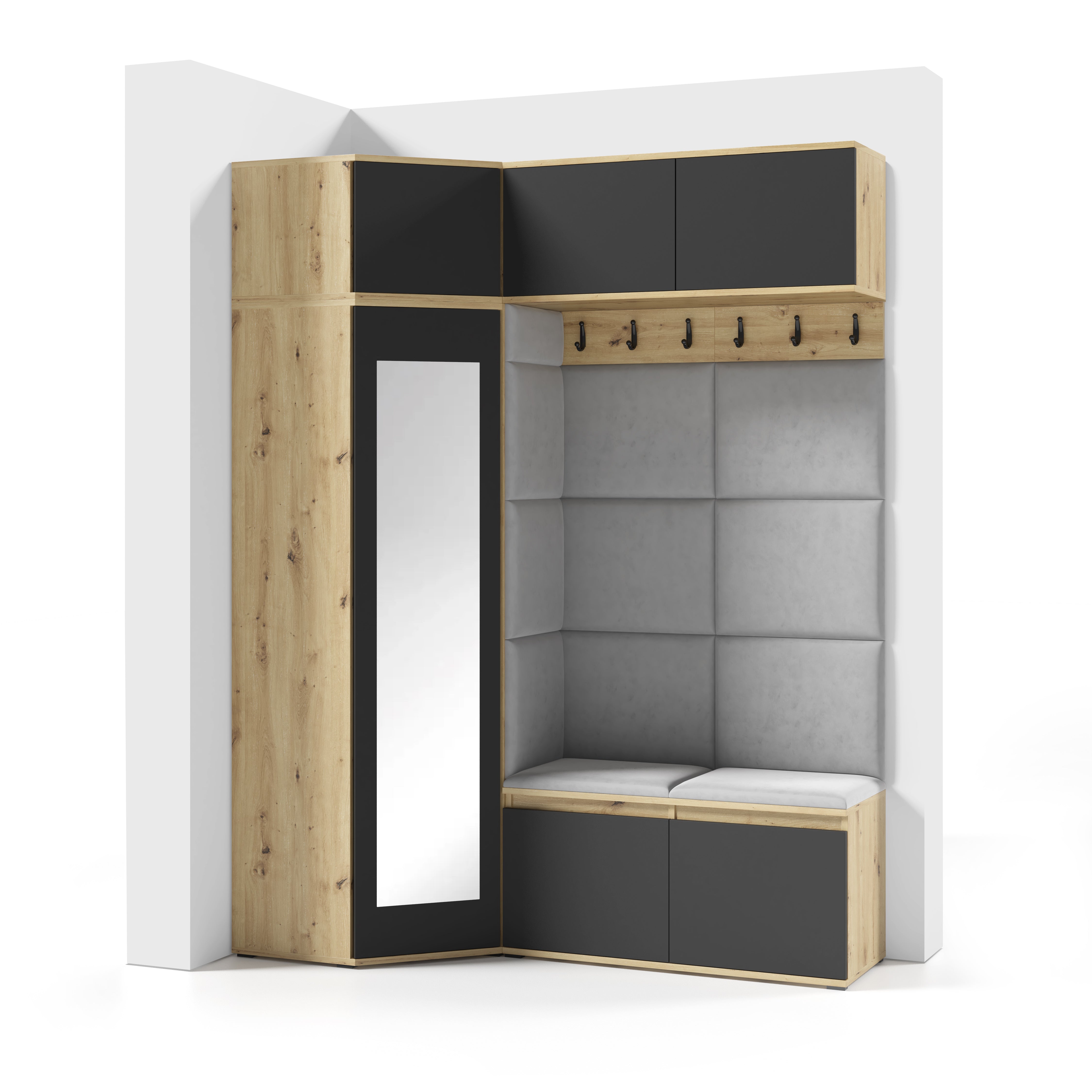 PK Emi 38 Hallway Wardrobe Aristan Oak\Black - Upholstered Panels in Various Colours