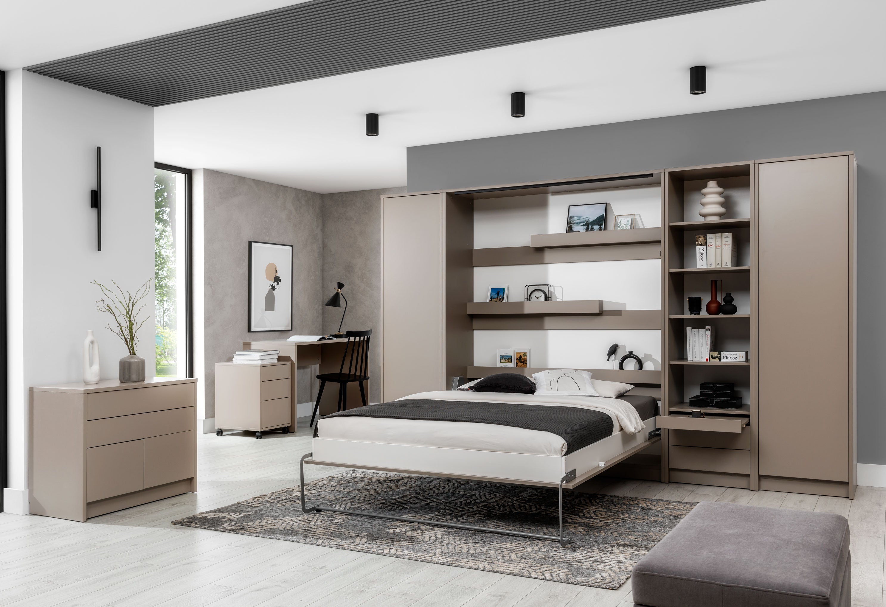 Customizable Genius Murphy Bed Furniture Set 160 x 200 cm Congo, LED Lighting