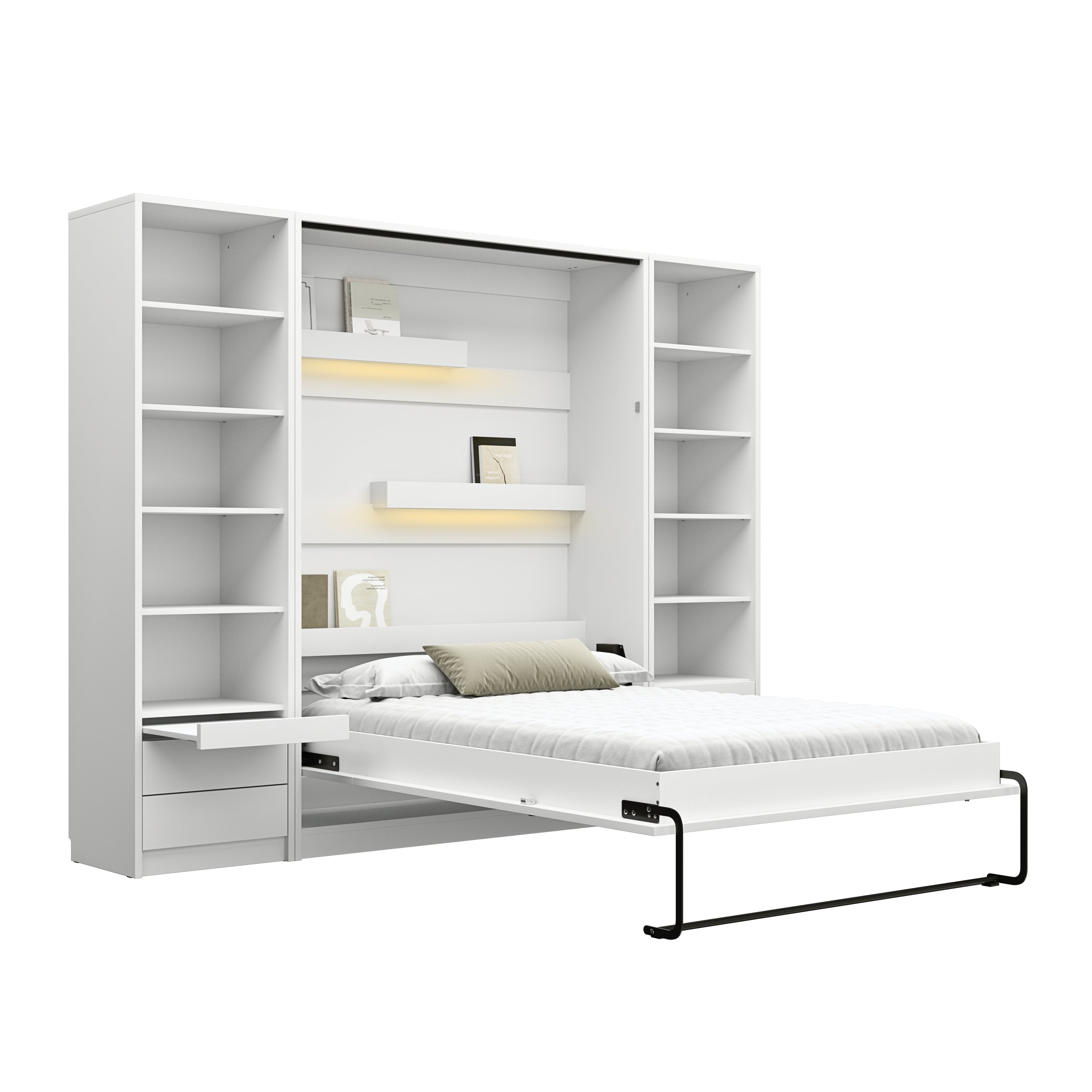 Customizable Genius Murphy Bed Furniture Set 120 x 200 cm White Gloss, LED Lighting