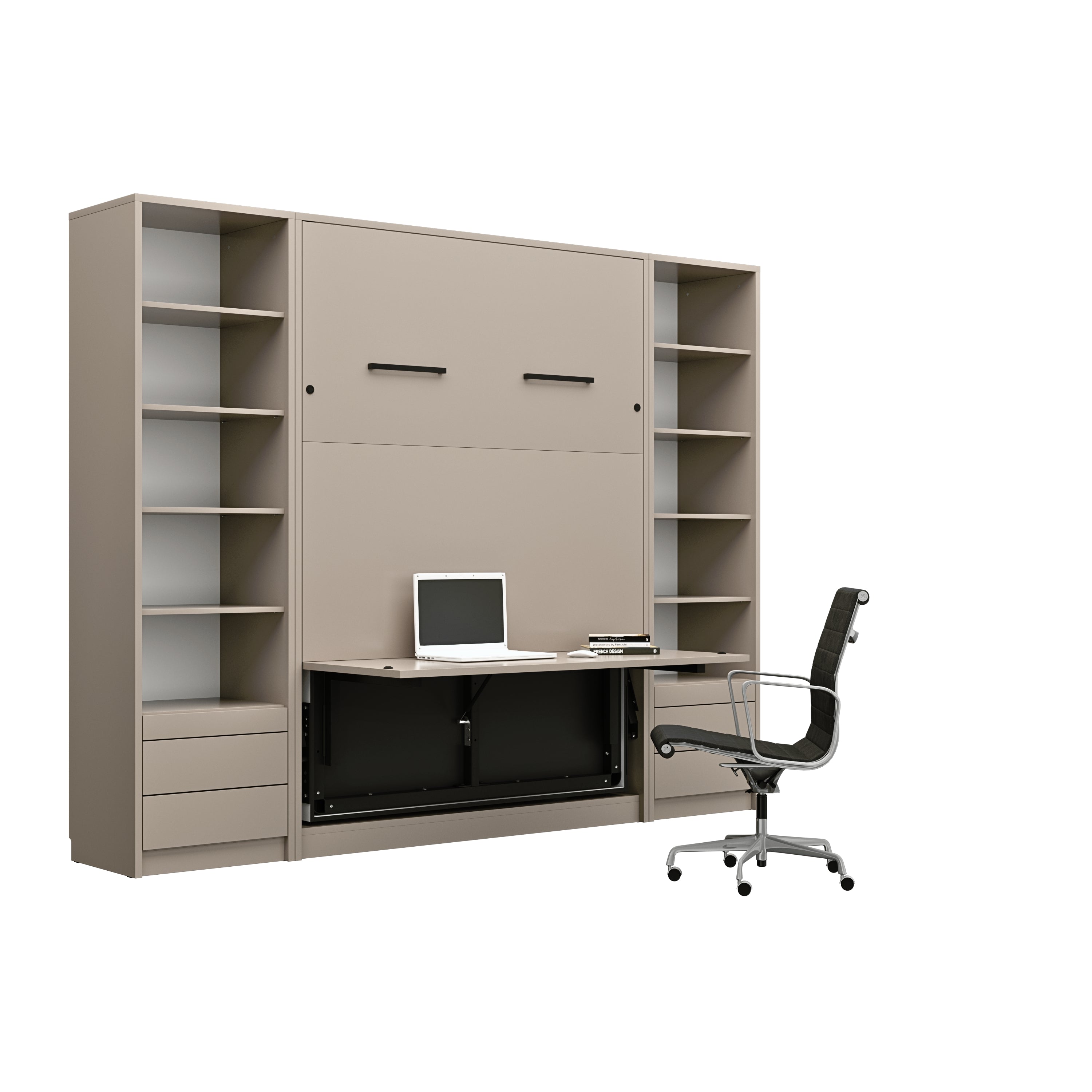Genius Vertical Murphy Bed with Desk & Wardorobes – with 140x200 cm Mattress, LED Lighting