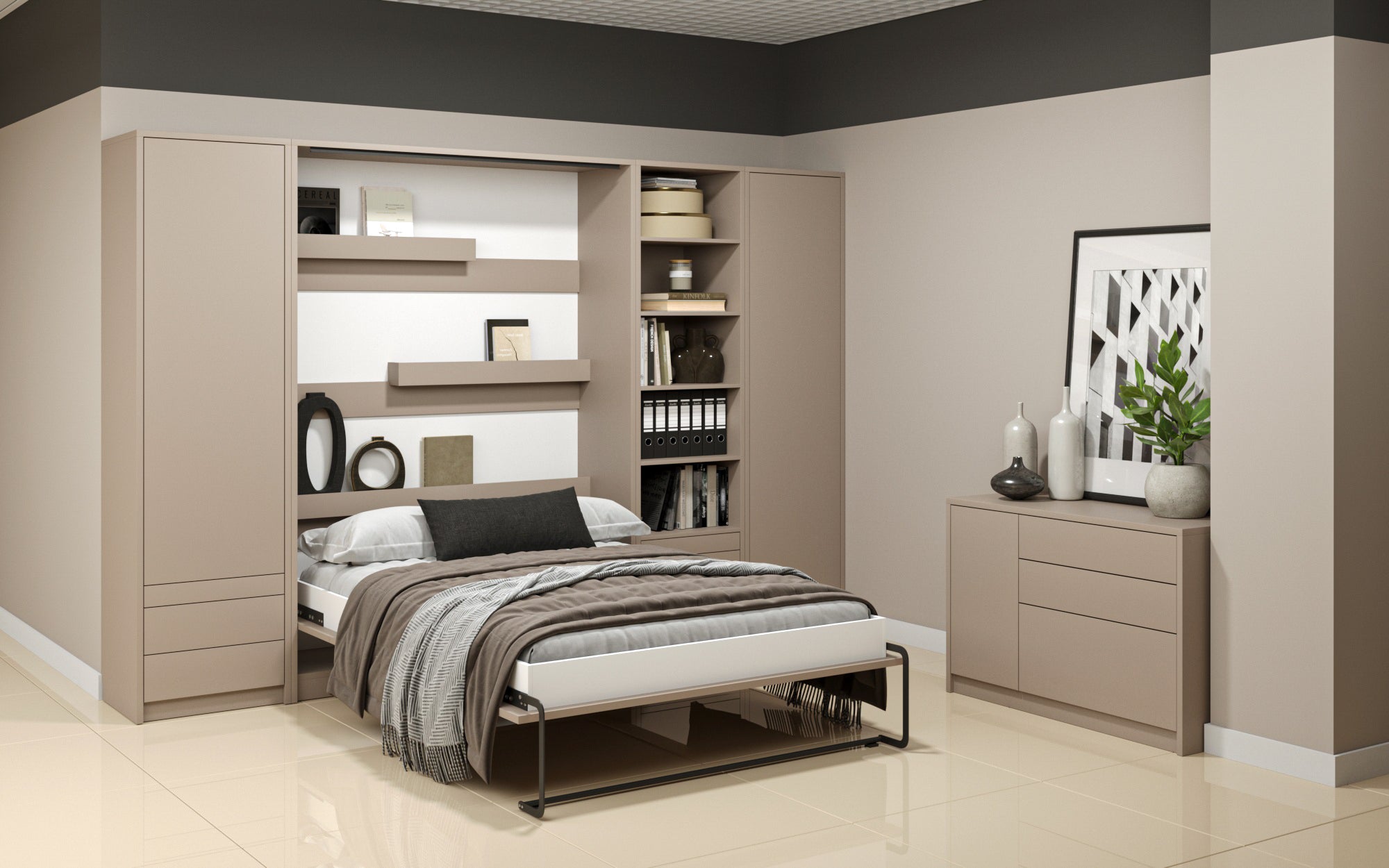 Genius Vertical Murphy Bed with Desk & Wardrobes – with 140x200 cm Mattress, LED Lighting