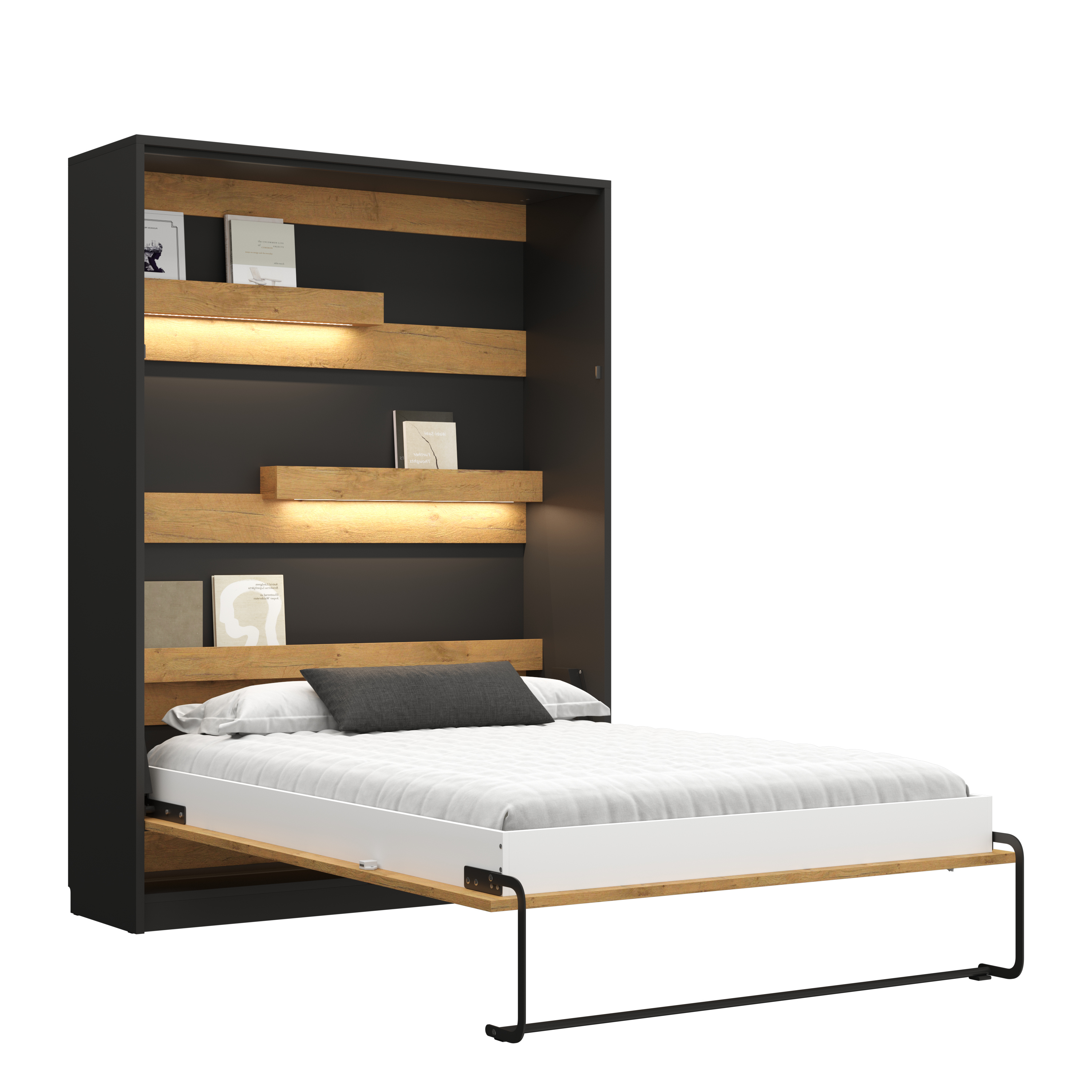 Customizable Genius Murphy Bed Furniture Set 160 x 200 cm Black Lancelot Oak, LED Lighting