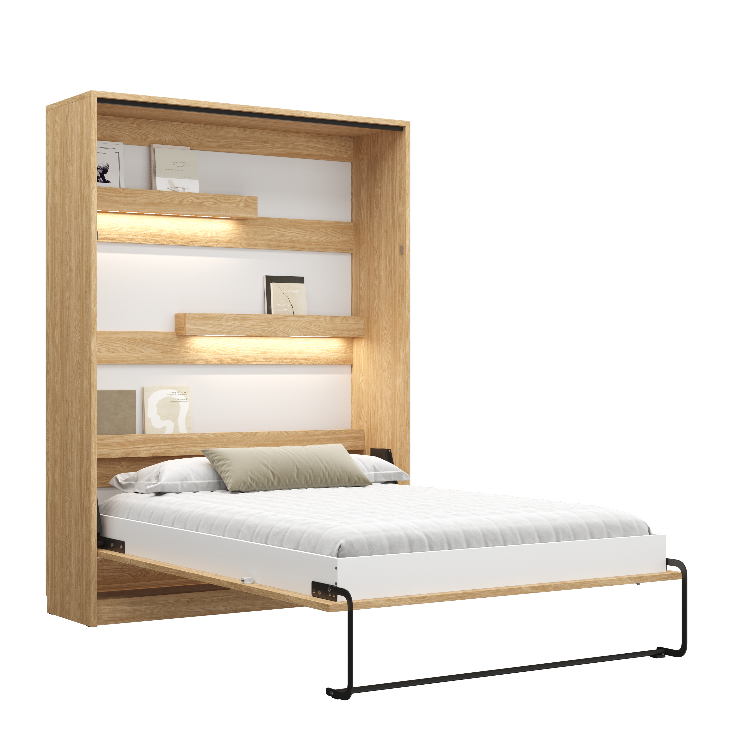 Genius Murphy Bed Oiled Oak 160 x 200 cm with Sofa ECO-LEATHER, Led Lighting