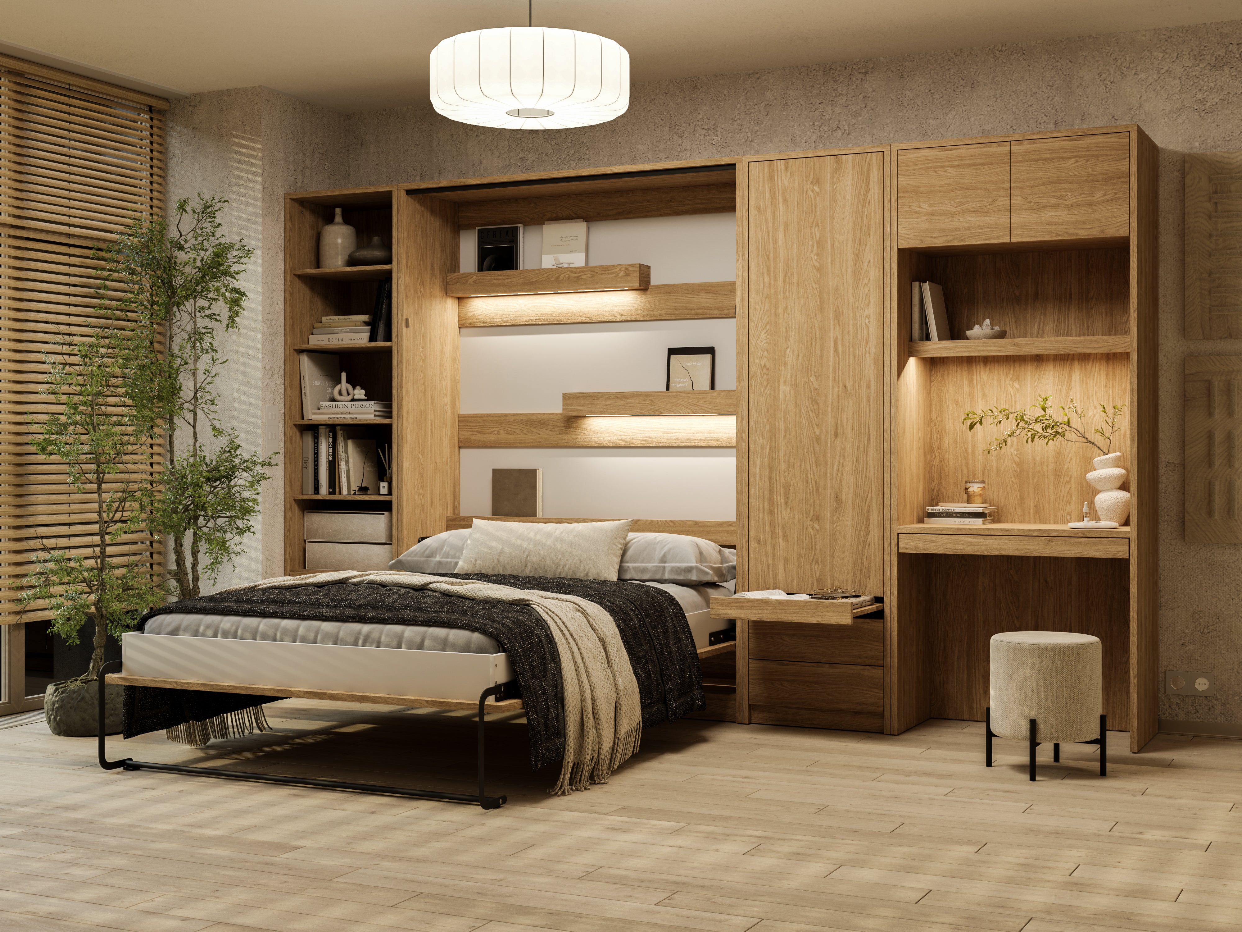 Customizable Genius Murphy Bed Furniture Set 140 x 200 cm Olied Oak, LED Lighting