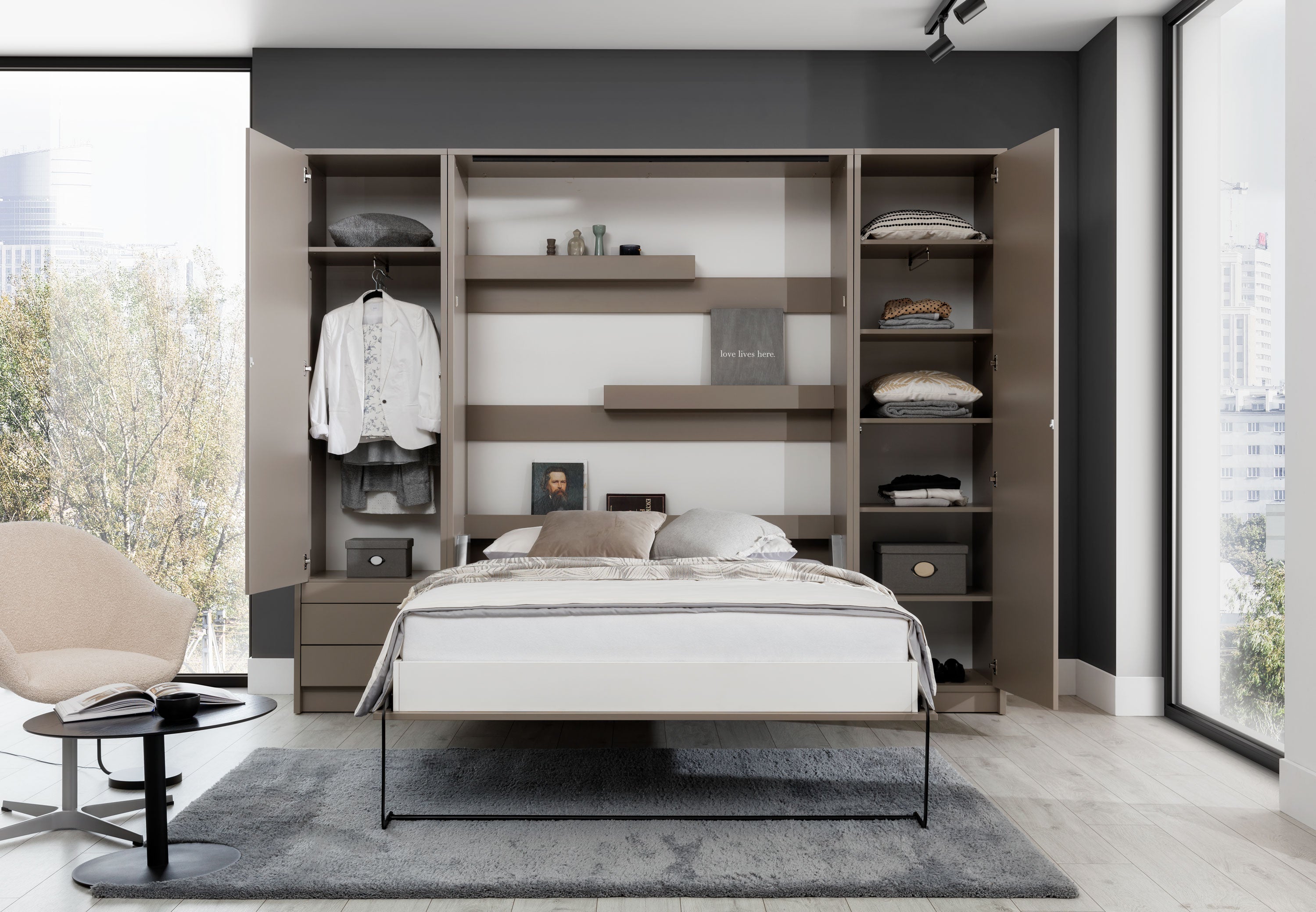 Customizable Genius Murphy Bed Furniture Set 160 x 200 cm Congo, LED Lighting