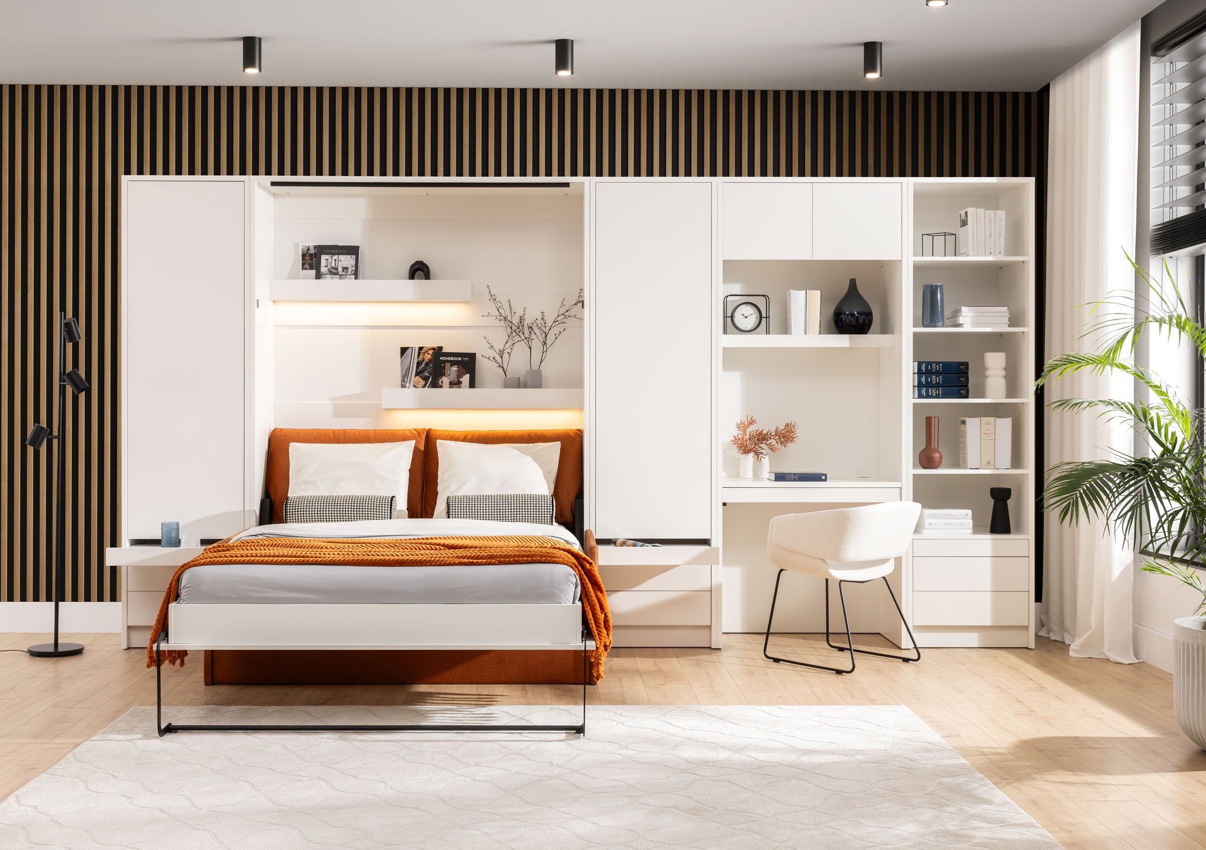 Customizable Genius Murphy Bed with Sofa Set 140 x 200 cm White Matt, LED Lighting