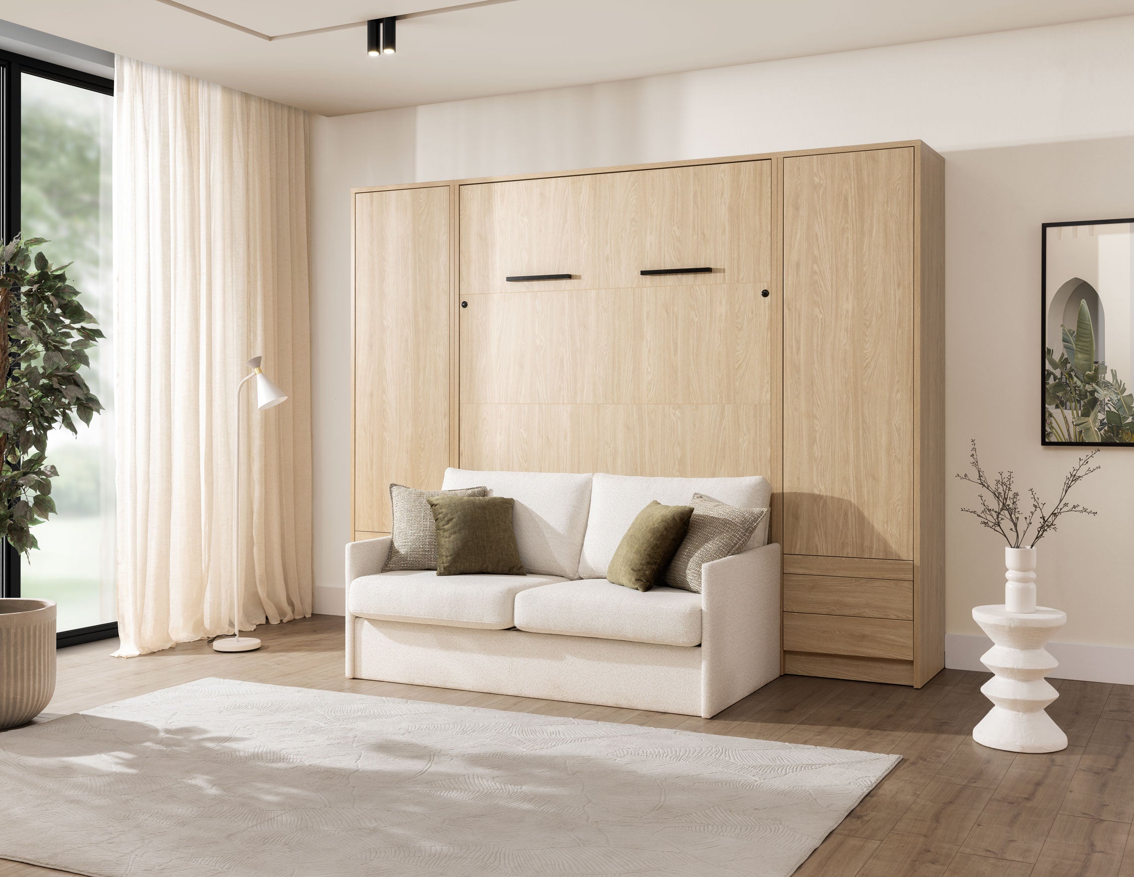 Customizable Genius Murphy Bed with Sofa Set 160 x 200 cm Olied Oak, LED Lighting