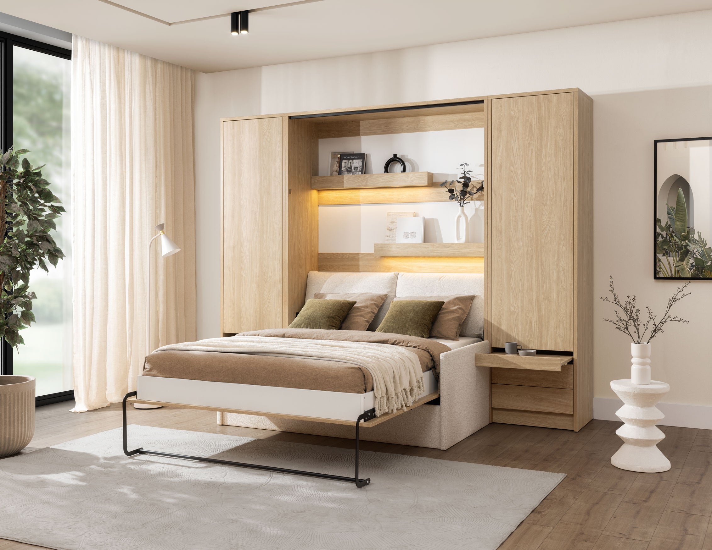 Customizable Genius Murphy Bed with Sofa Set 160 x 200 cm Olied Oak, LED Lighting