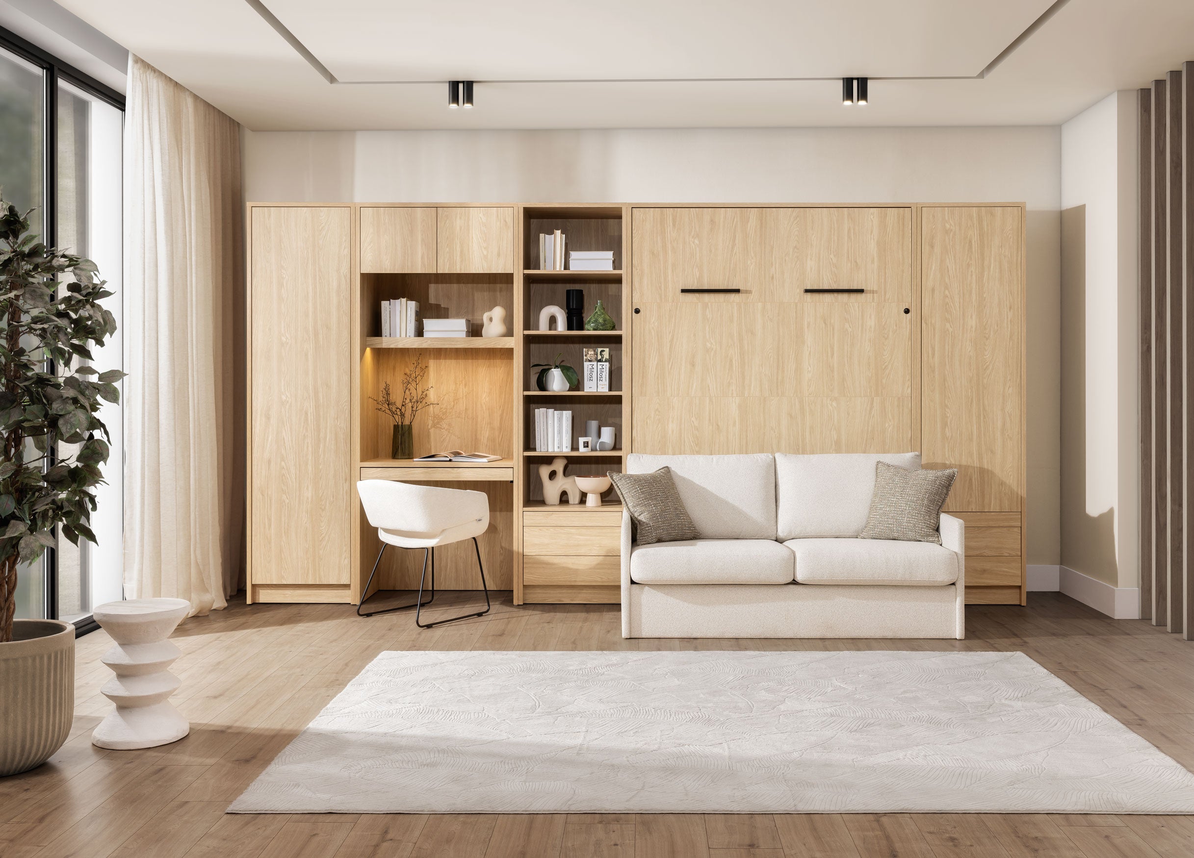 Genius Murphy Bed with Sofa Oiled Oak 140 x 200 cm SET, LED Lighting