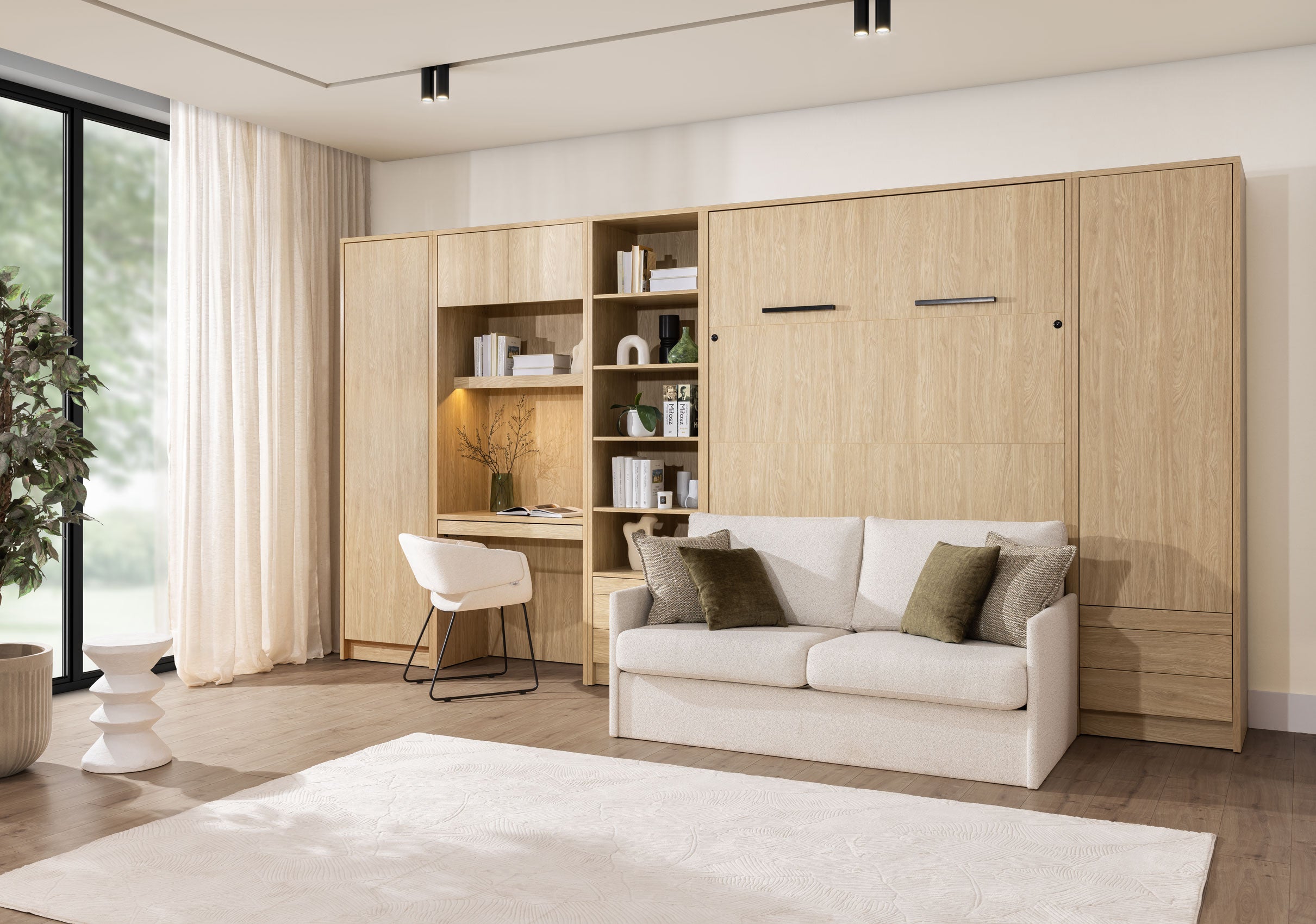 Customizable Genius Murphy Bed with Sofa Set 160 x 200 cm Olied Oak, LED Lighting