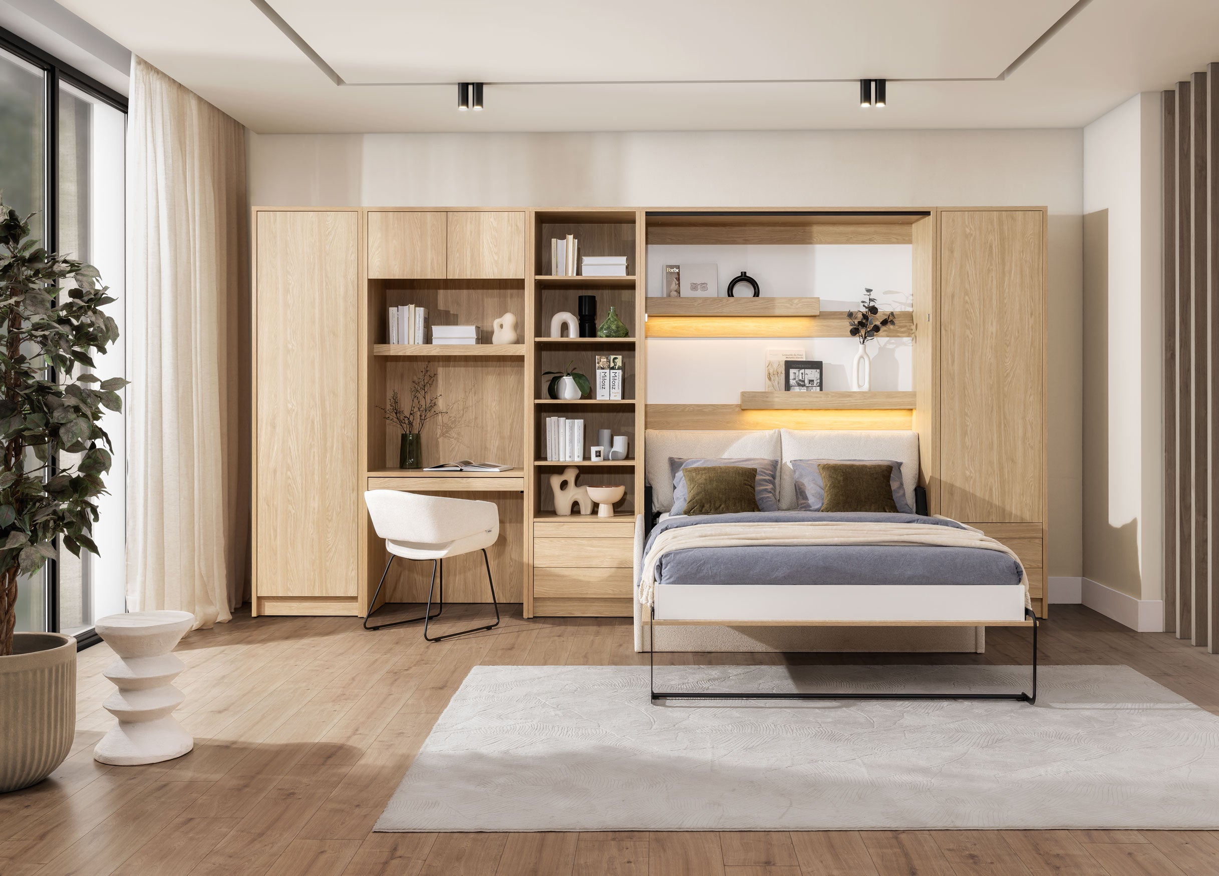 Customizable Genius Murphy Bed with Sofa Set 160 x 200 cm Olied Oak, LED Lighting