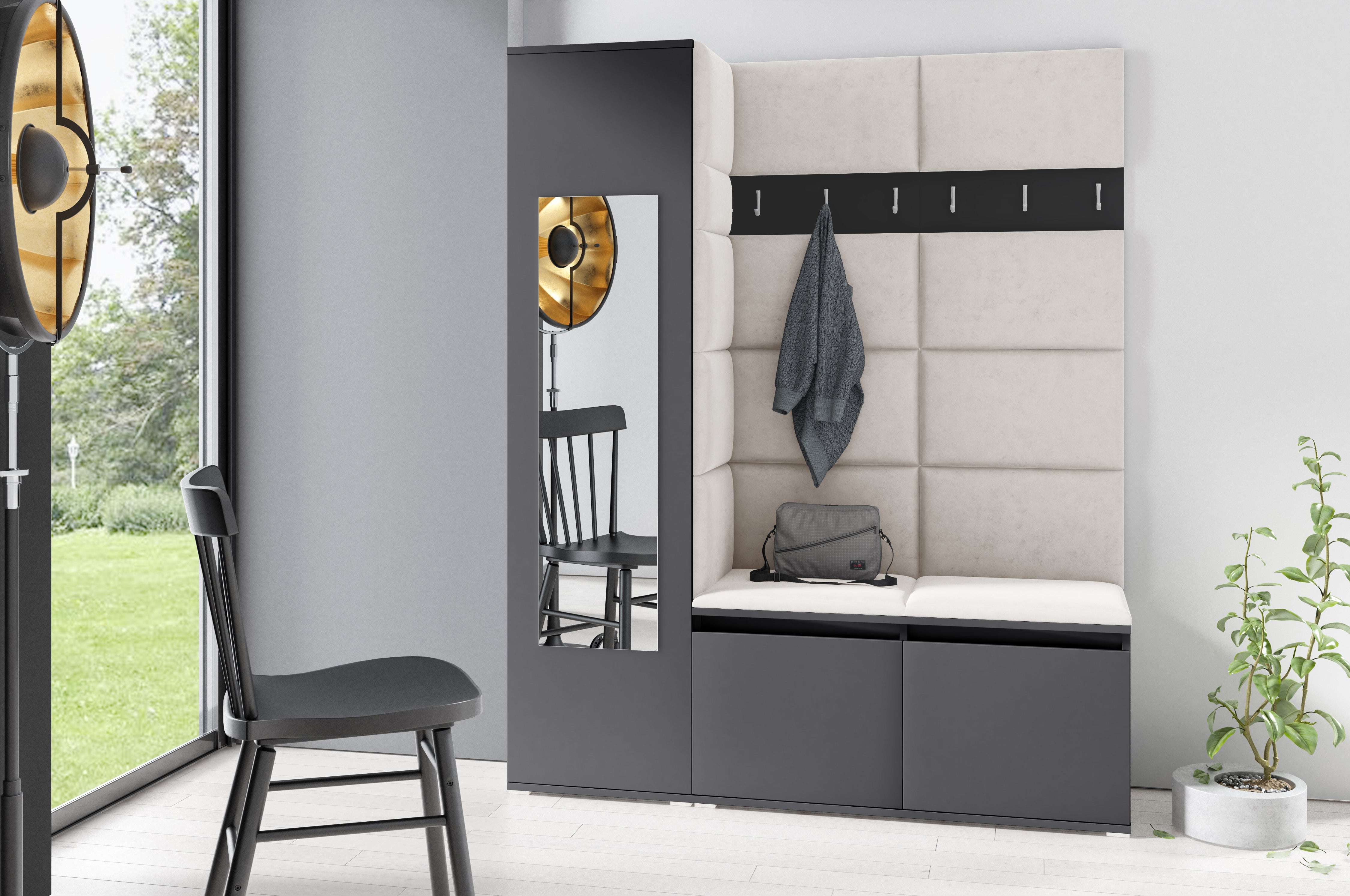 PK Emi 14 Hallway Wardrobe Graphite - Upholstered Panels in Various Colours