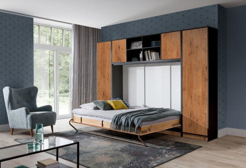 Customizable Murphy Bed BASIC Horizontal  Furniture Set Black and Lancelot Oak 90, 120, 140 x 200 cm