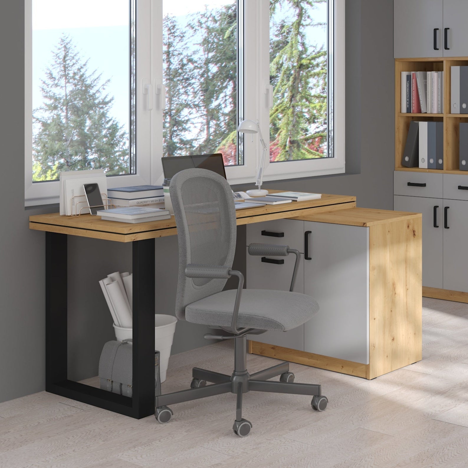 Desk + Cabinet LE Malta 140 – Light Grey Front / Artisan Oak Body