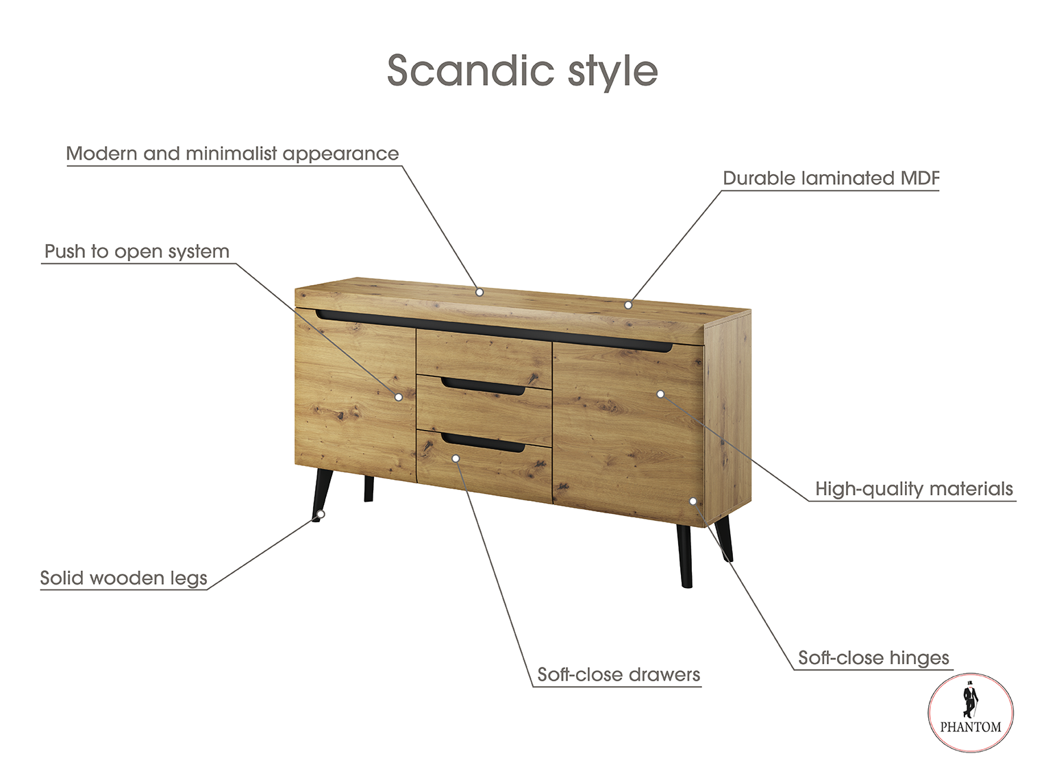 Nordi Chest of Drawers Artisan Oak- Scandic Style whit Two Push to Open System Doors and Three Drawers