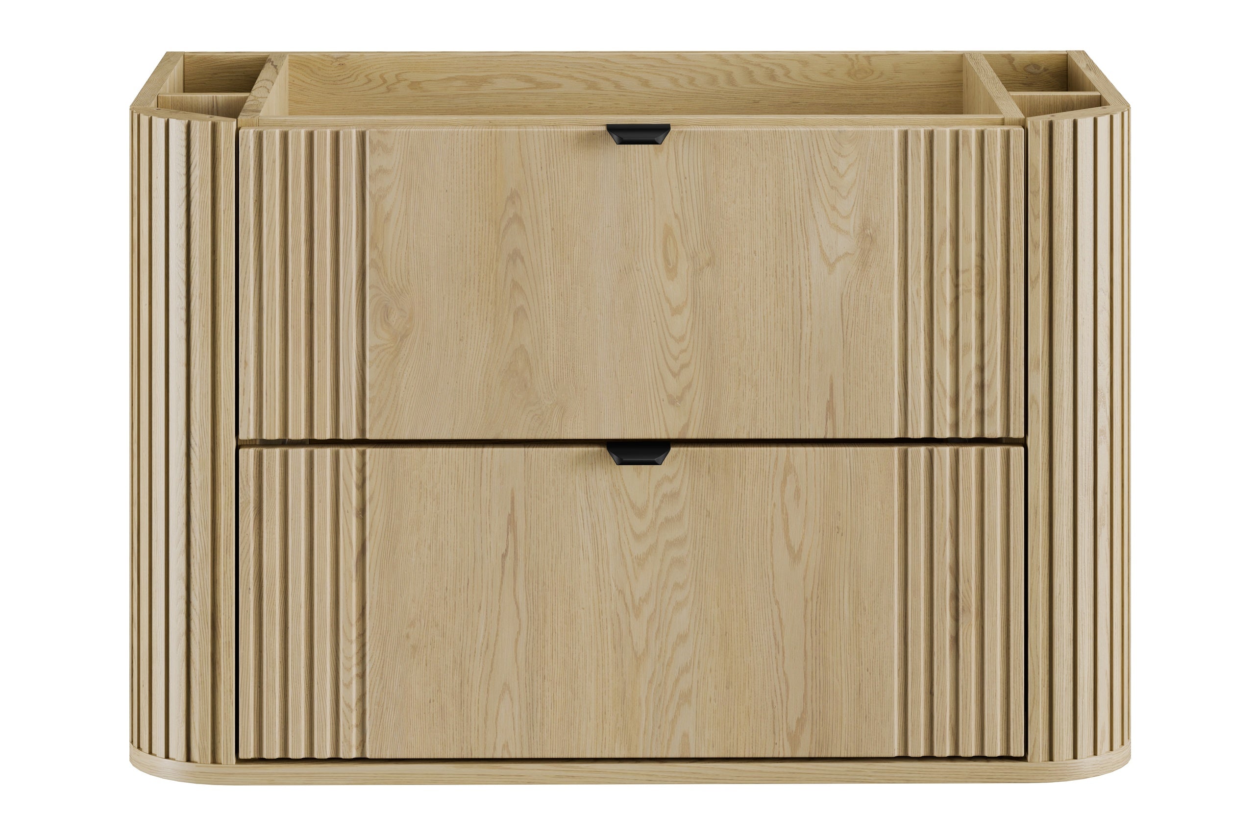 Ovalia Cremona vanity unit 80cm – Cremona Oak, front view, vertical ribbed MDF drawers with black metal handles