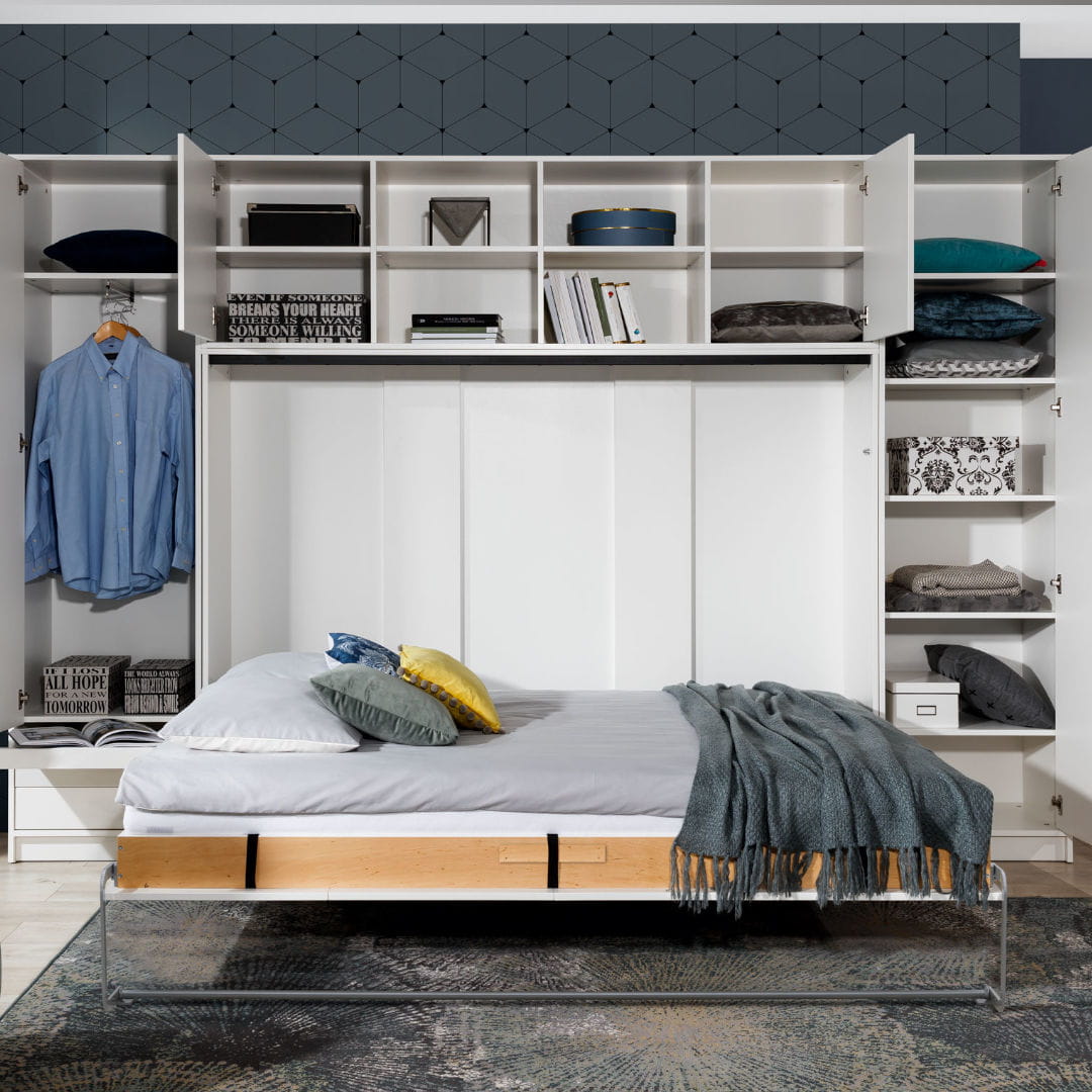 Practical Overhead Unit for Horizontal Murphy Bed with Open Shelves