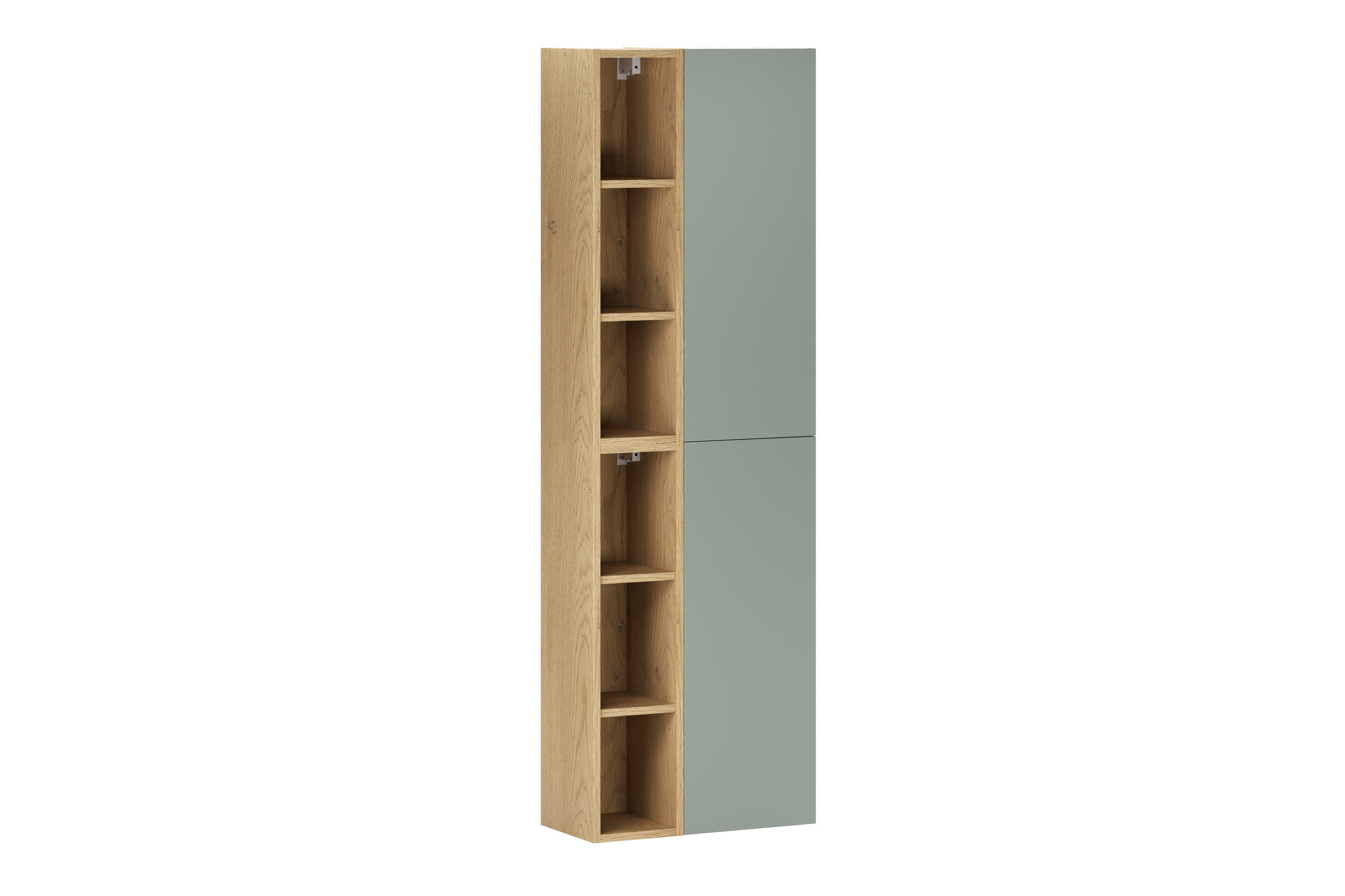 2× Aster Green Wall-Hung Cabinet 1 Door + 2× Cremona UN Open Shelf – Aloes Matt / Oak, Vertical Set