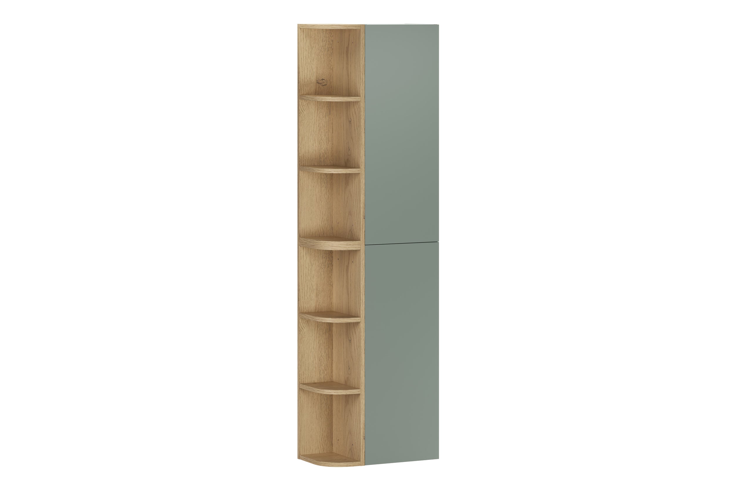 2× Aster White Wall-Hung Cabinet 1 Door + 2× Cremona UN Corner Shelf – Aloes Matt / Oak, Vertical Set