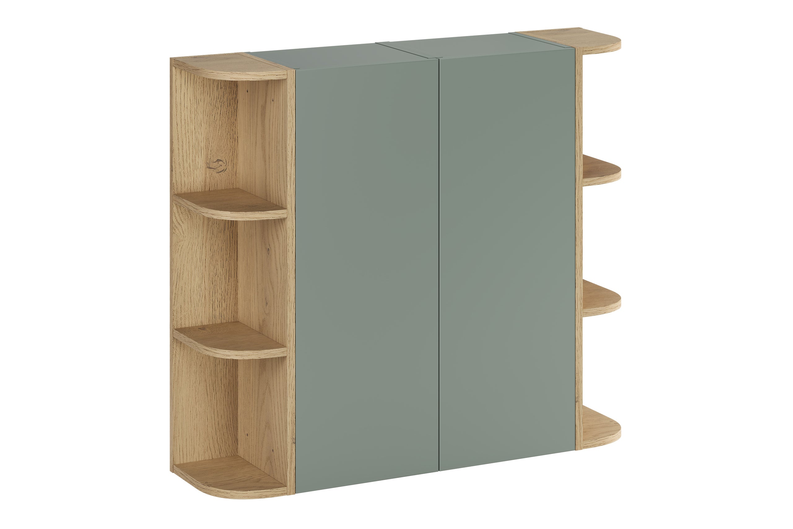 2× Aster Green Wall-Hung Cabinet 1 Door + 2× Cremona UN Corner Shelf – Aloes Matt / Oak, 90 cm Set