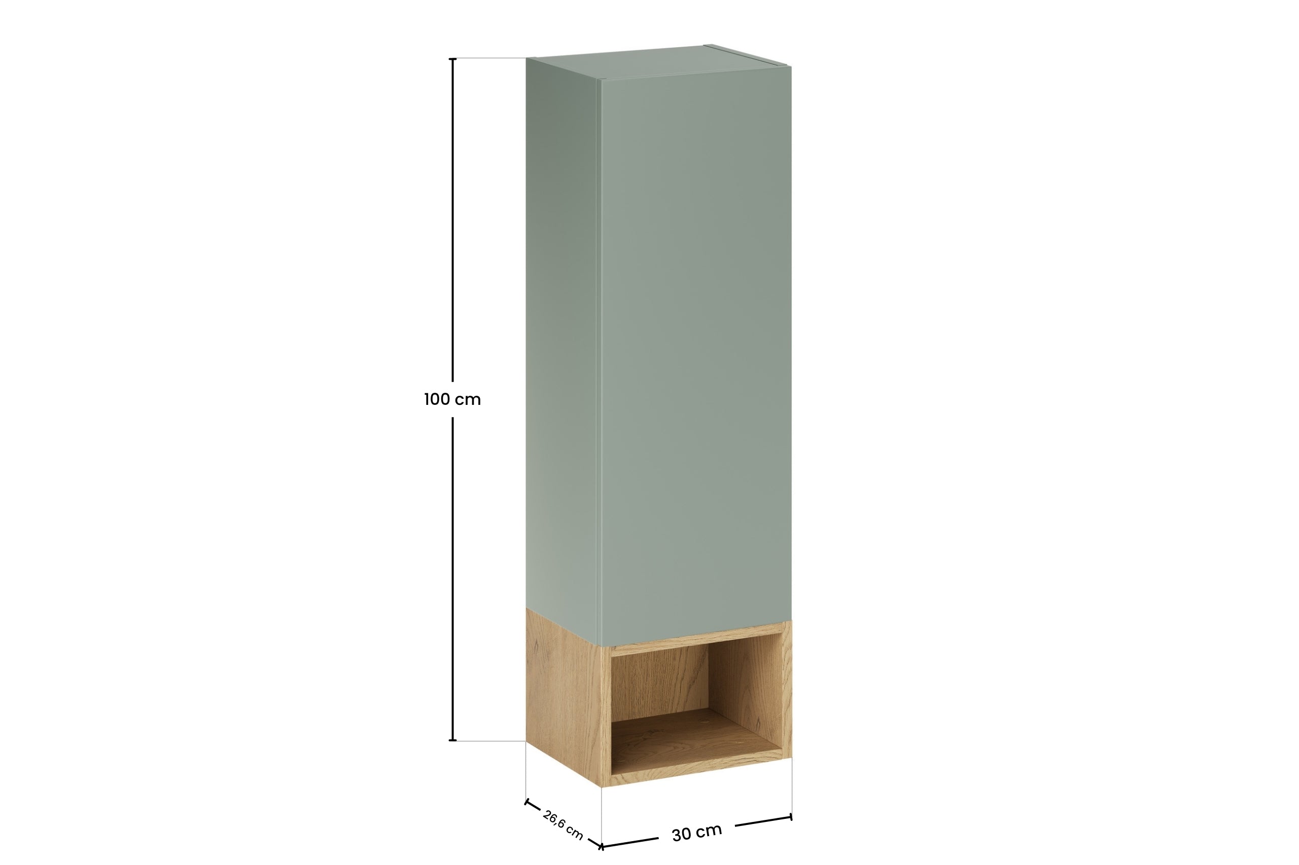 Aster Green Wall-Hung Cabinet 1 Door + Cremona UN Open Shelf – Aloes Matt / Oak, 30 cm Set