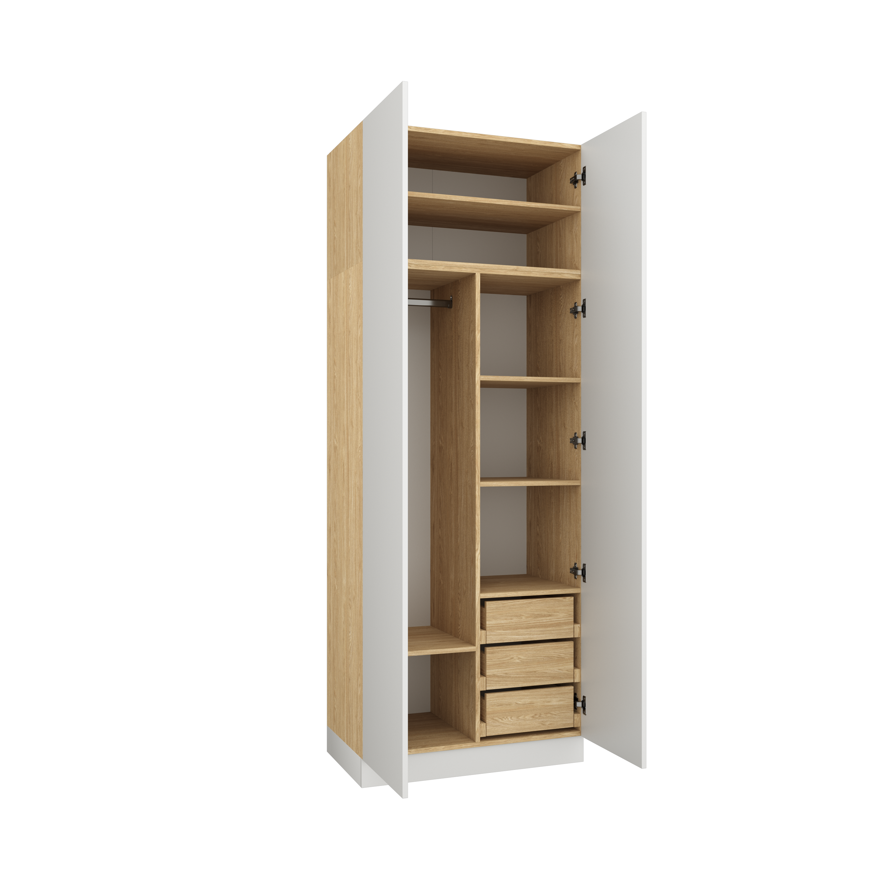 SLEEP VARIA 2-Door Wardrobe 90 cm with Shelves, Drawers, and Rail – Oiled Oak / White Matt