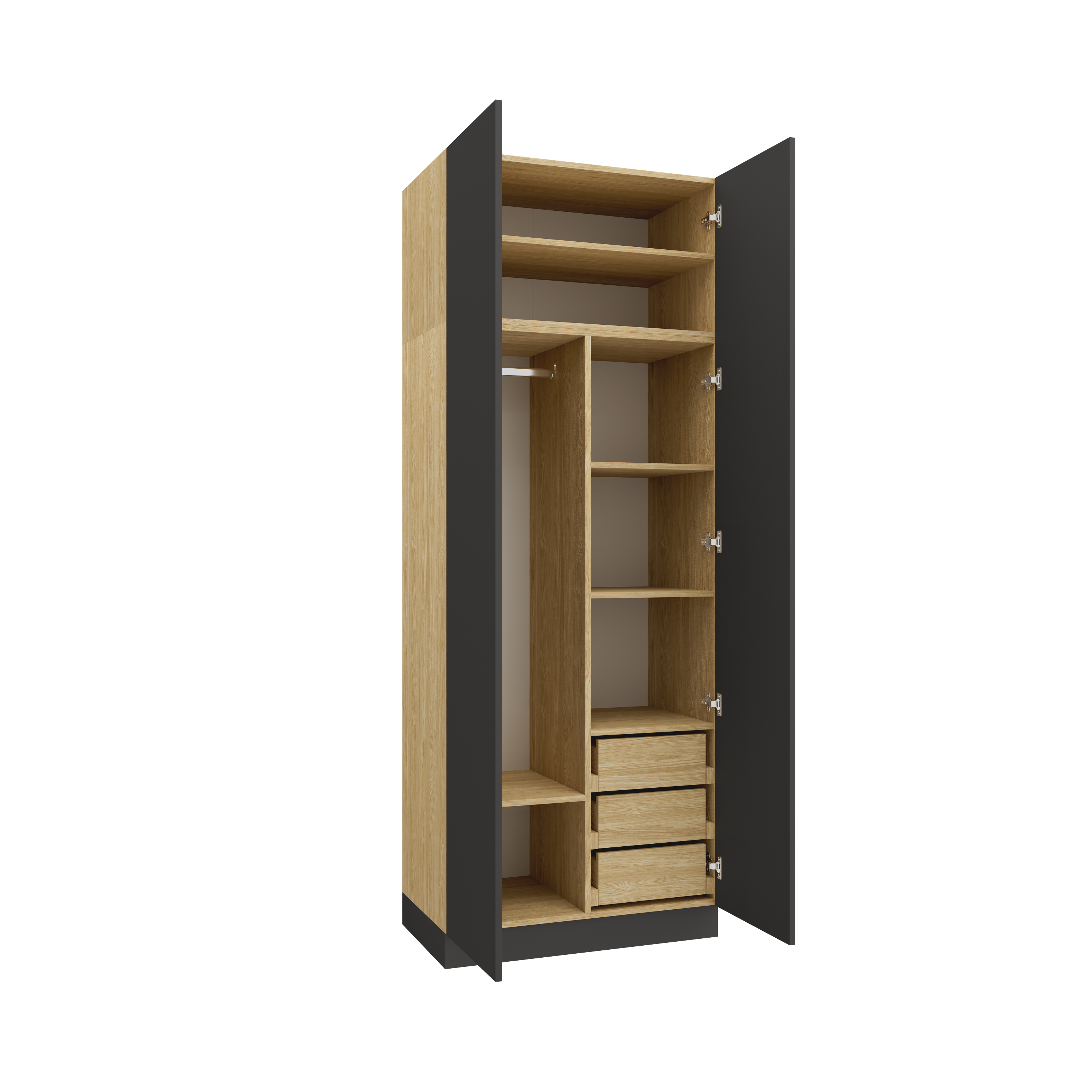 SLEEP VARIA 2-Door Wardrobe 90 cm with Shelves, Drawers, and Rail – Oiled Oak / Graphite
