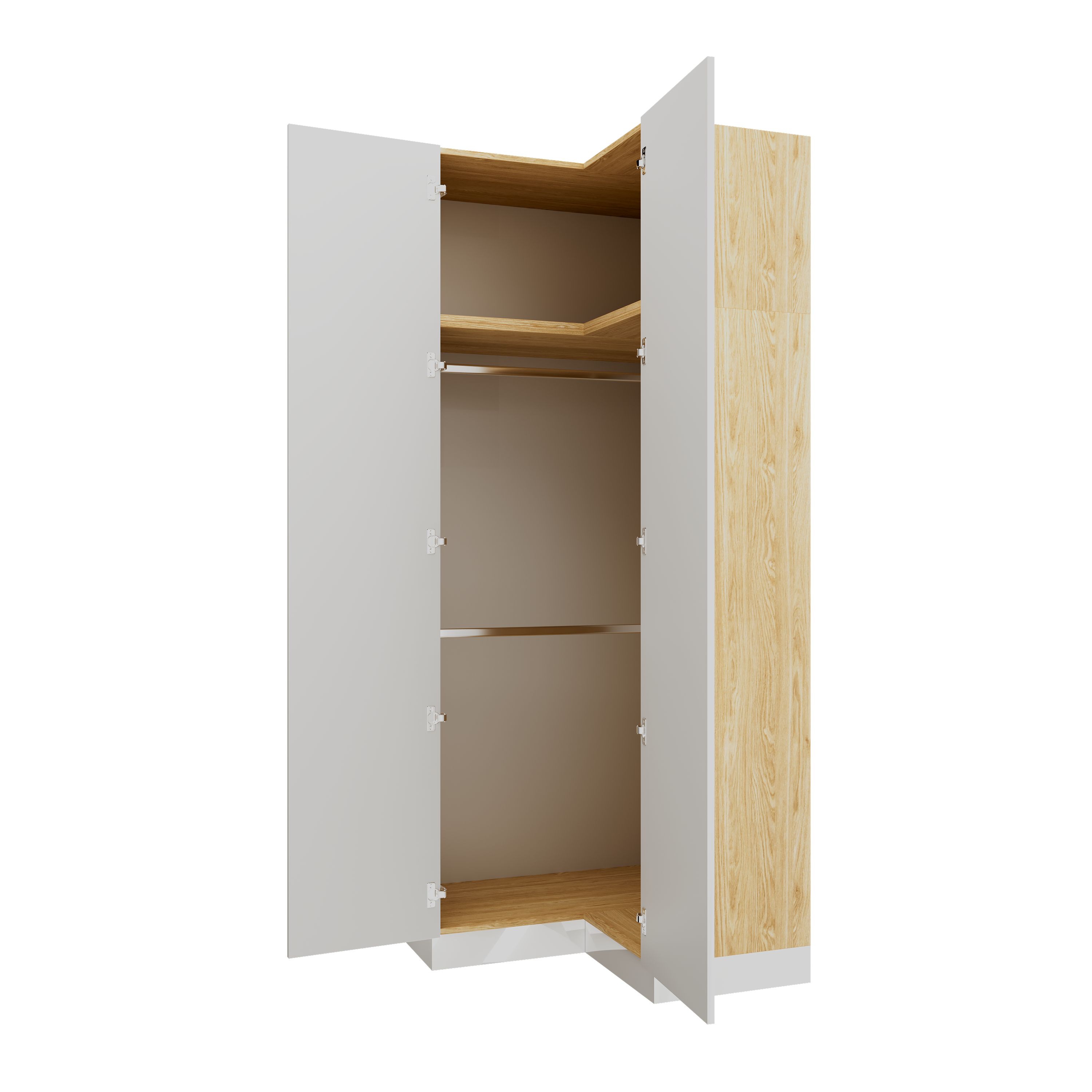 SLEEP VARIA Corner Wardrobe 97.4 x 97.4 cm with Shelf and Hanging Rails – Oiled Oak / White Gloss