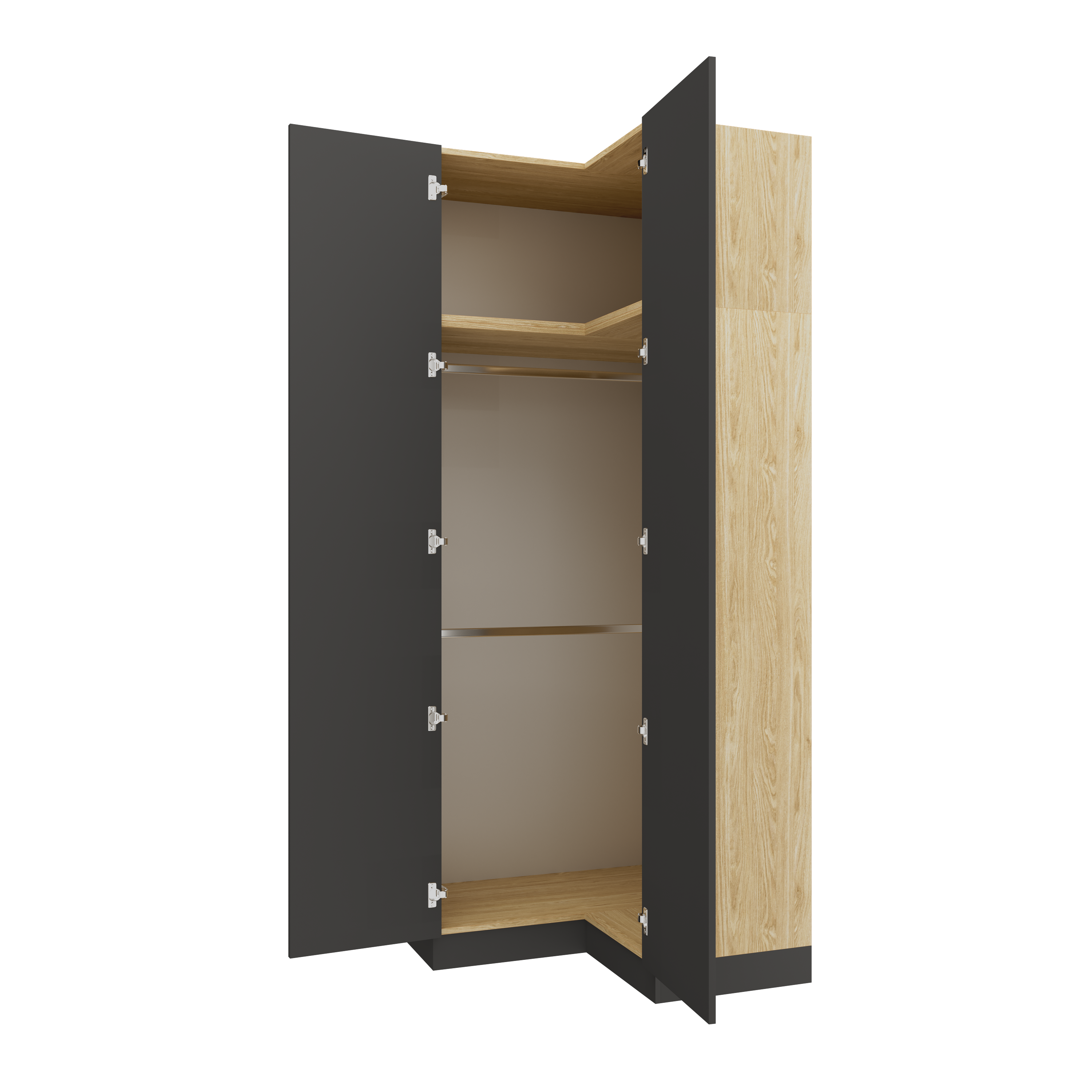 SLEEP VARIA Corner Wardrobe 97.4 x 97.4 cm with Shelf and Hanging Rails – Oiled Oak / Graphite