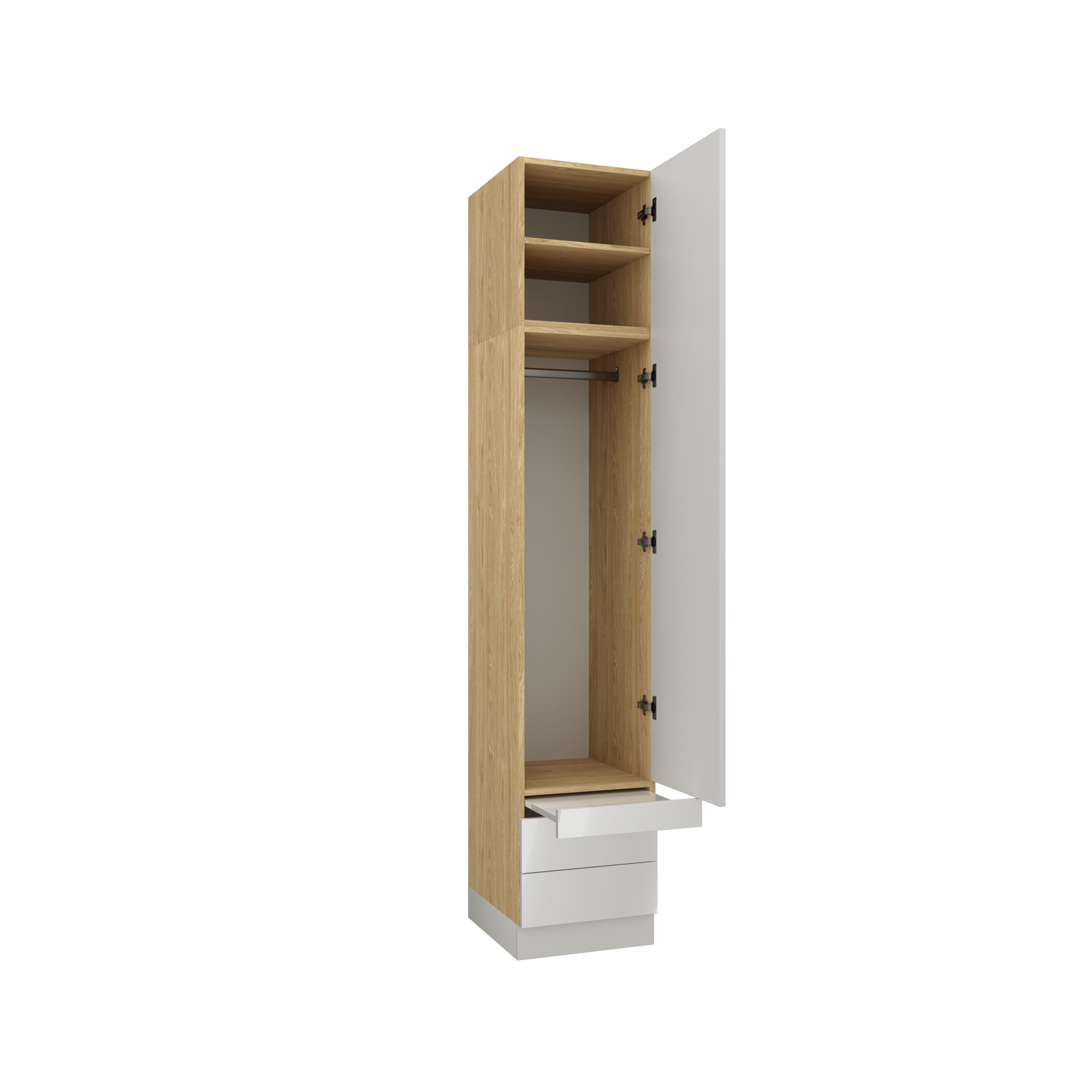 SLEEP VARIA 1D Wardrobe 45 cm with Shelves, Hanging Rail, Drawers & Pull-Out Table – Oiled Oak / White Gloss