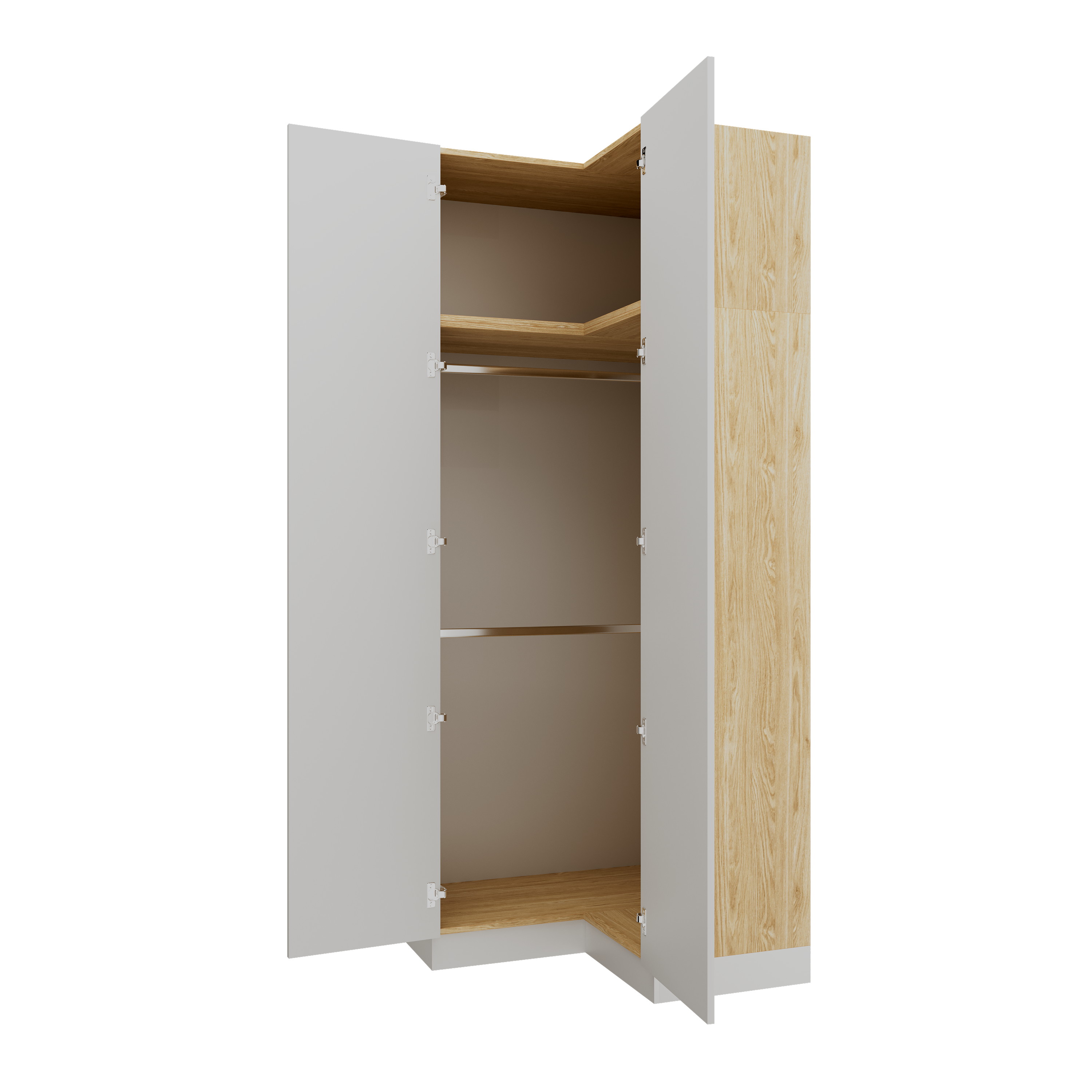SLEEP VARIA Corner Wardrobe 97.4 x 97.4 cm with Shelf and Hanging Rails – Oiled Oak / White Matt